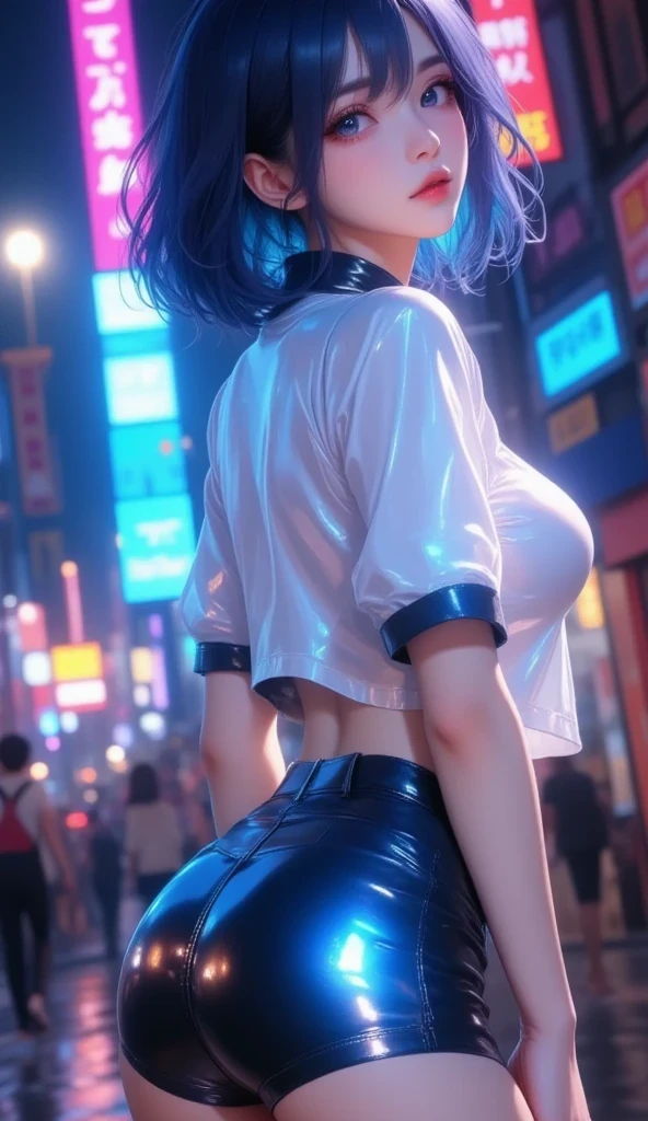 Dark blue hair、 wave hair, Shortcut, top quality、 Masterpiece、( professional lighting without shadows )、 surreal、 fascinating、 figure like a slender supermodel 、 one girl , ( lean forward to the camera to show off her butt ), (slightly larger breasts), ( flat , white skin without wrinkles or unevenness ), (明るい and beautiful blue eyes , (Super mini tight skirt、 cropped t-shirt)、 show off a pose exposed from directly behind her butt ), ( beautiful face squinting in bright light ),wet、small nipples