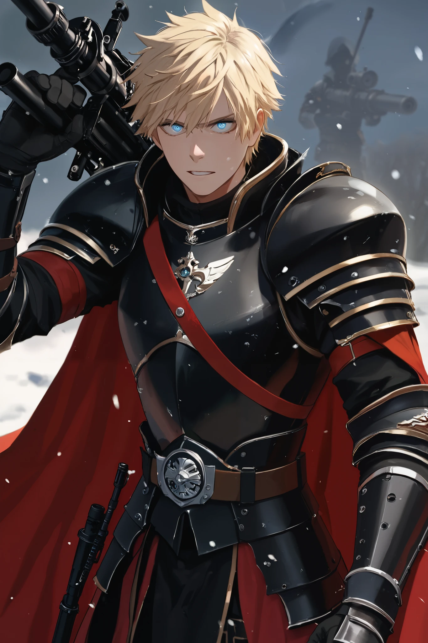 Strong blond blue-eyed noble swordsman with a gunsword. Wearing black noble armor with a red cape. Has a sword fused with an M134 minigun. Extremely beautiful face