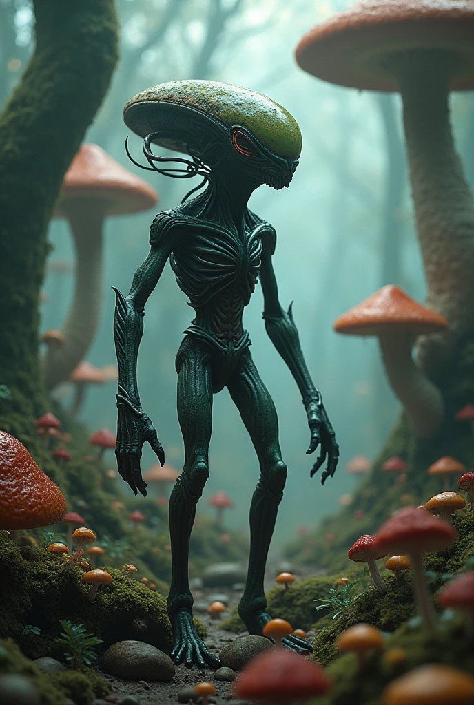 in a dramatic, retro-futuristic landscape, an alien invasion unfolds with terrifying intensity, the scene is painted in black, blue, and gold hues, with claymation-style figures engaging in a tragic, epic battle, the atmosphere is both bleak and enchanting, with elements of mythology and witchcraft woven into the industrial setting, a hacker works in a garden of grotesque, bio-engineered plants, their hands creating soothing, yet ominous music, this eerie, analytical scene captures the emotional and imaginative tension of a world on the brink of a mysterious outbreak