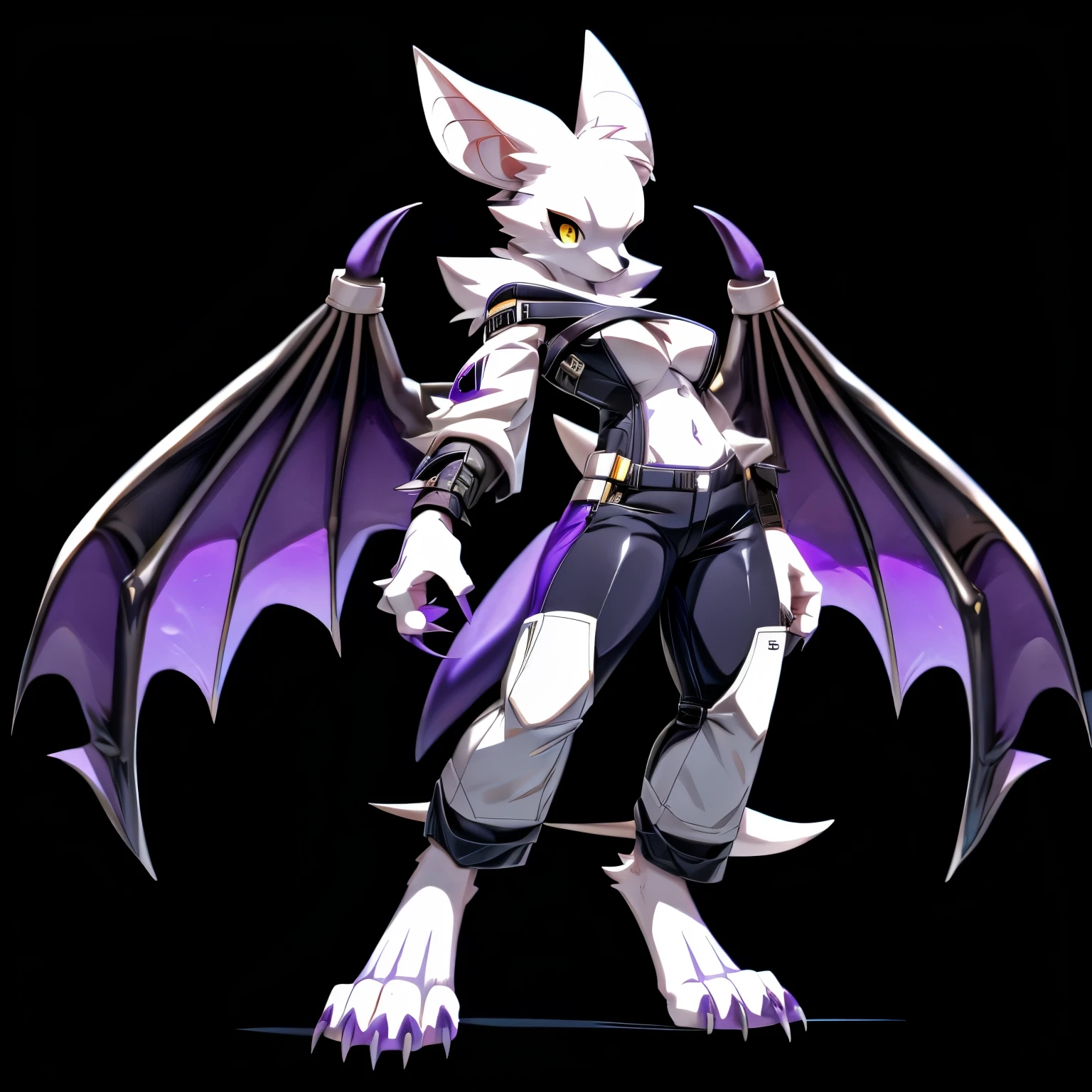 ((SFW Version)), ((Safe for work)), Anime, anime style, ((single person)), ((solo drawing)), ((solo)), ((three-quarter view)), ((Standing Pose)), ((Looking to the side)), ((female Anthro bat)), ((Tall figure)), ((buxom figure)), ((sleek white fur)), ((clawed hands)), ((clawed paws)), ((Single Pair of Wings)), ((Huge Bat Wings)), ((Purple Bat Wings:1.5)), ((white bat ears:1.2)), ((wearing a black Halter)), exposed belly, ((white face)), ((neutral expression)), bright yellow eyes, ((digitigrade legs)), ((digitigrade feet)), ((solid black background)), ((blank black background)), highly detailed anime style, clean lines, white face, short white muzzle, white furry cheeks, white furry muzzle, ((wearing loose black jeans)), ((white foot paws)), ((foot paws with four toes)), ((Claws on paws))