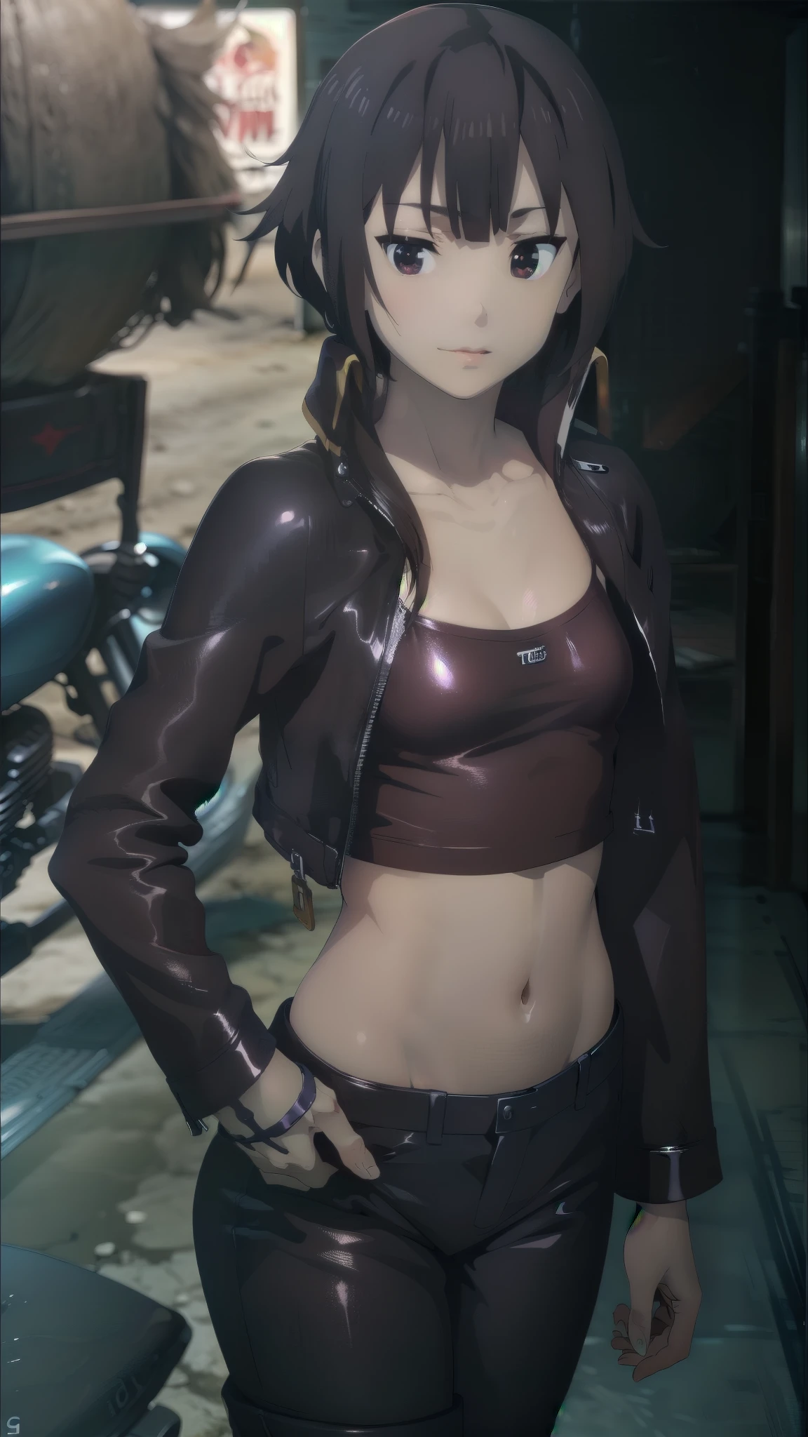 (cowboy shot),(Perfect Anatomy,top-quality、The ultra -The high-definition、hight resolution、extremely details CG、8K Unit Wallpapers),20-year-old、solo,Beautiful detailed eyes,black hair,shor bob hair,blunt bang,(small breasts,slender body,skinny),gleaming skin,oily skin,(punk fashion、leather jacket、Tank top、military pants、combat boots),(drive a motorcycle,Harley-Davidson,),on road,Tokyo,at night、