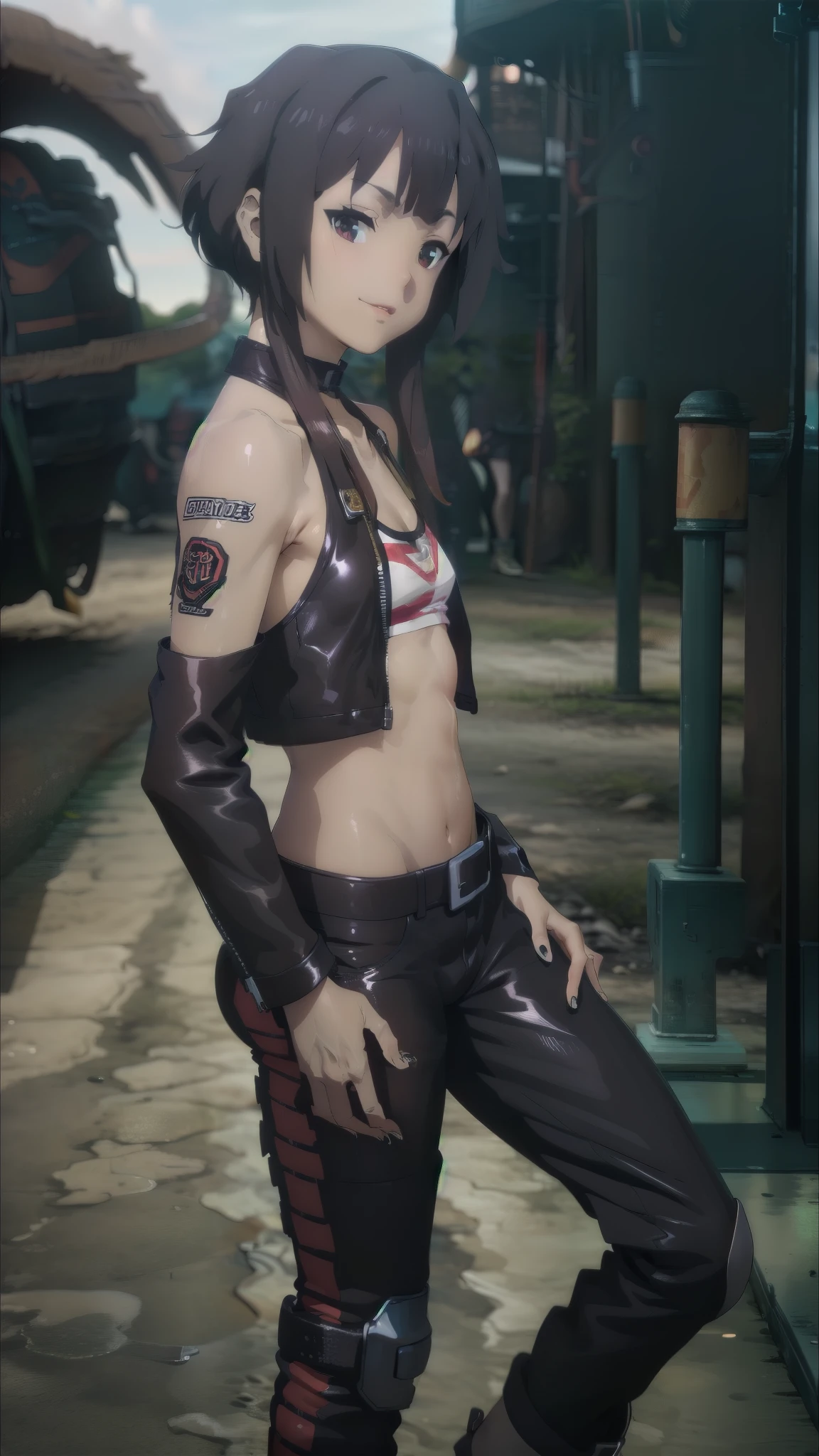 (cowboy shot),(Perfect Anatomy,top-quality、The ultra -The high-definition、hight resolution、extremely details CG、8K Unit Wallpapers),20-year-old、solo,Beautiful detailed eyes,black hair,shor bob hair,blunt bang,(small breasts,slender body,skinny),gleaming skin,oily skin,(punk fashion、leather jacket、Tank top、military pants、combat boots),(drive a motorcycle,Harley-Davidson,),on road,Tokyo,at night、