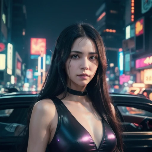 a woman, black hair, long hair, Korean, shiny dress, cyberpunk, futuristic city, 1987 film, masterpiece, best quality, blade runners style, cyberpunk city.realistic, 4D cinema