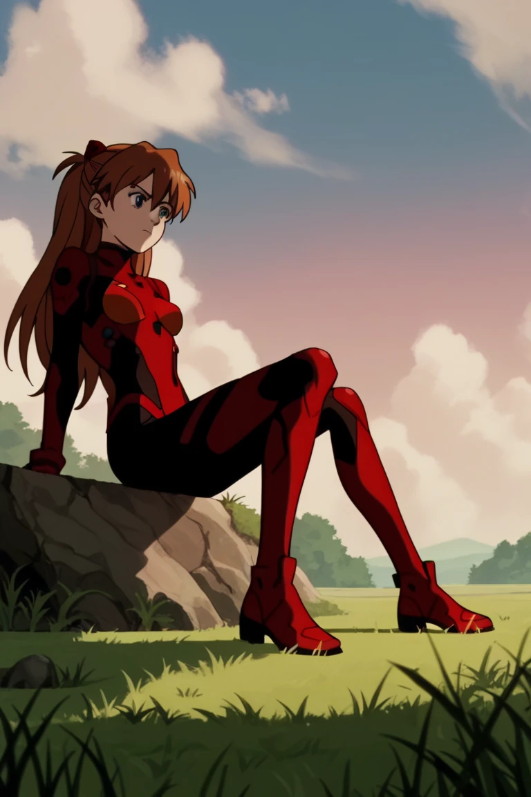 masterpiece, best quality, anime screencap,  Asuka Soryu Langley, Eva Bodysuit, red sky, cloud, day, grass, nature, outdoors, sitting, solo,  wariza  