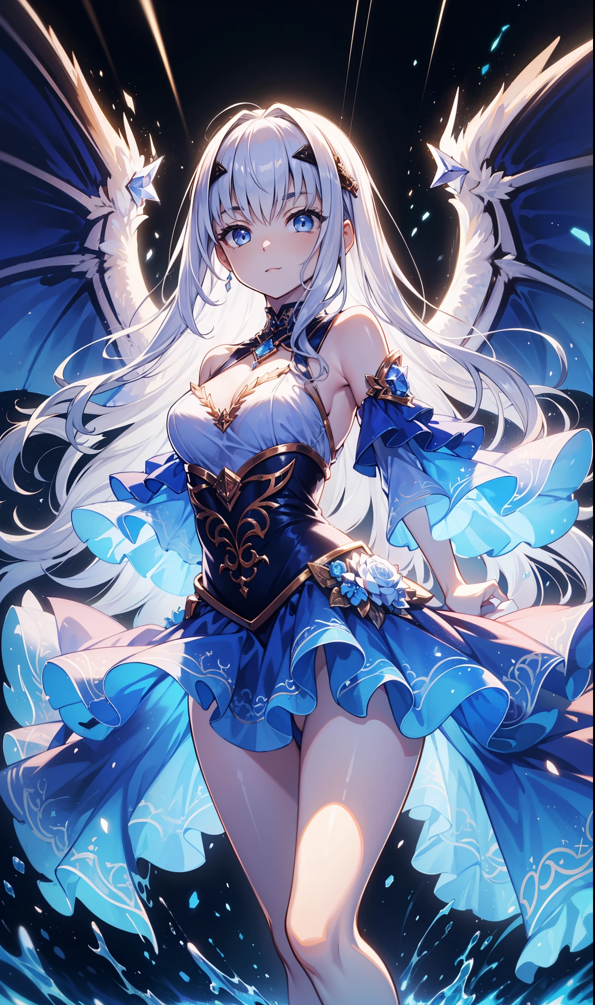 (sunaookami shiroko:1.2), {{{{masterpiece, extremely detailed, intricate details, soft focus, 8K, highres, depth of field, absurdres, high quality facial shadowing, dynamic shadowing, extreme shaders, cinematic lighting, perfect lighting, soft lighting, hazy lighting, blurry foreground, lens flare}}}}, best quality, asian qualities, {front view}, (solo:1.2), (beautiful young girl:1.3), high school girl, {{{extremely detailed girl, perfect anatomy, perfect body}}}, (detailed neon angel halo:1.4), bright blue double halo, (beautiful-detailed hair:1.3), ( silver hair:1.3), luscious curly hair, (hair splayed out:1.2), beautiful-detailed facial structure, detailed beautiful face:1.3, sexy face, cute face, slender facial structure, (detailed face:1.33), (beautiful-detailed eyes:0.7), big eyes, (detailed eyes:1.2), glowing bright blue eyes, (detailed boobs:1.3), small size boobs, (detailed facial expression:1.1), shy, slightly open mouth, detailed red blush, shy hand gesture, (slim waist:1.1), (slim legs:1.1), (detailed hair ornament:1.3), (white angel side hair ornament:1.3), (detailed necklace:1.2), (glowing blue simple plain necklace:1.3), (detailed wedding dress:1.3), (ball gown:1.3), (waterfall dress:1.3), beautiful-detailed pure black halter wedding dress, (high slit dress:1.3), (detailed high-strapped high heels:1.4), beautiful-detailed black high heels, winter night, (enhanced background:1.4), snow falling at midnight with clear skies overhead, snow on sidewalks with Christmas lights on tree's surrounded the viewer, (full body shot:1.1), hazy photo, (warm photo:1.3)