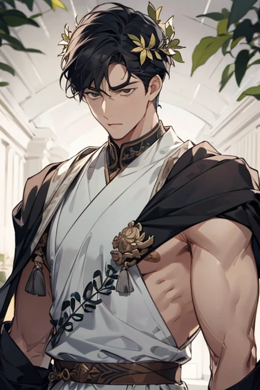 He was born with black hair and red eyes, wearing ancient warrior clothes, and was white and beautiful