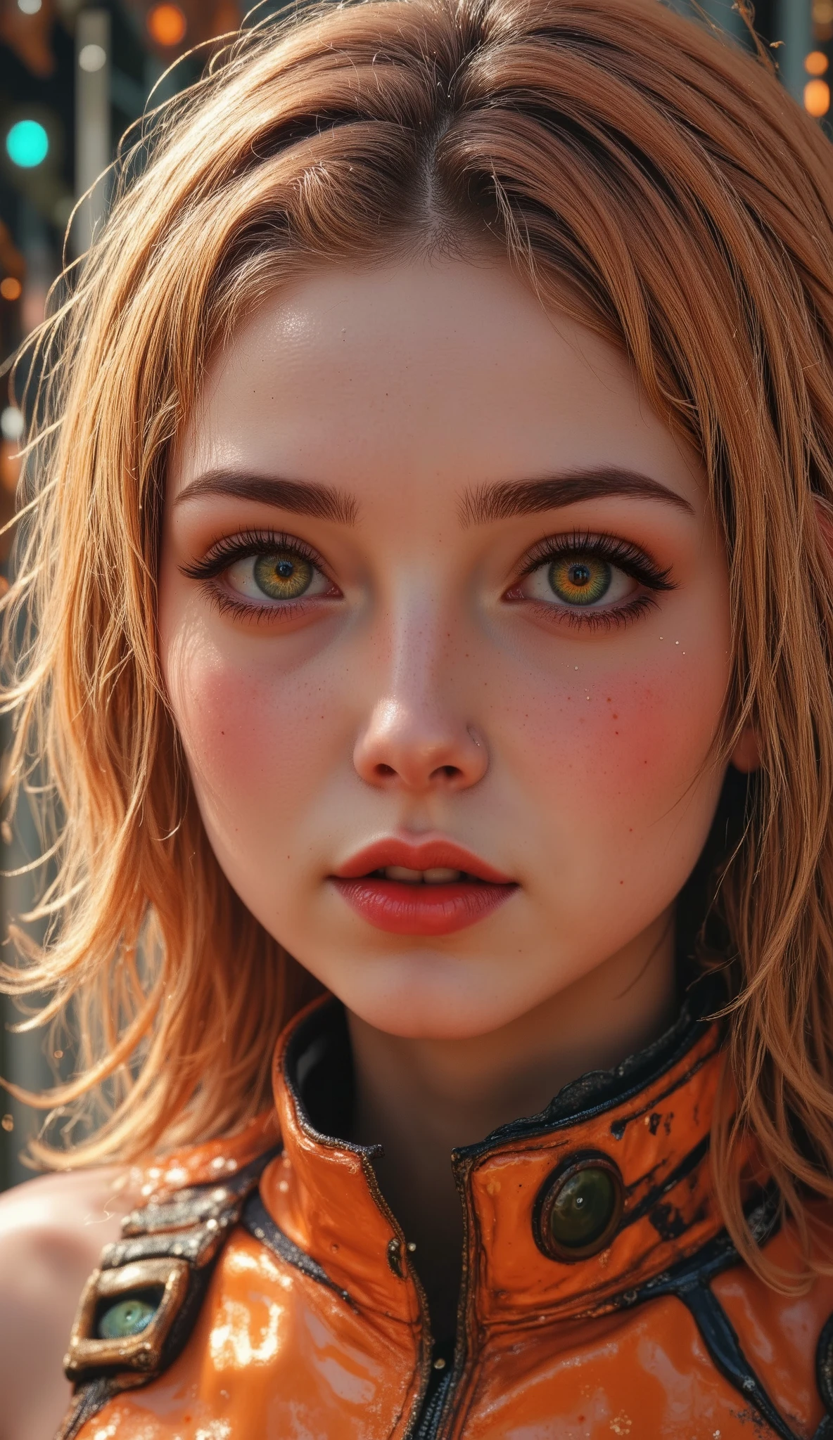 Plane grand general full body half profile:1.5, looking at the camera , , Of a woman with orange makeup and long eyelashes, bright green eyes , bright green eyes s, verdes eyes, shades of orange and black , big detailed eyes, orange pupils, glowing charcoal eyes , fluffy orange skin, bright peach face , Pop makeup style, locks over her face , shades orange and blue , ORANGE SHADES , big and detailed eyes , glowing eyes, round and cute slanted eyes full kissable lips , shiny