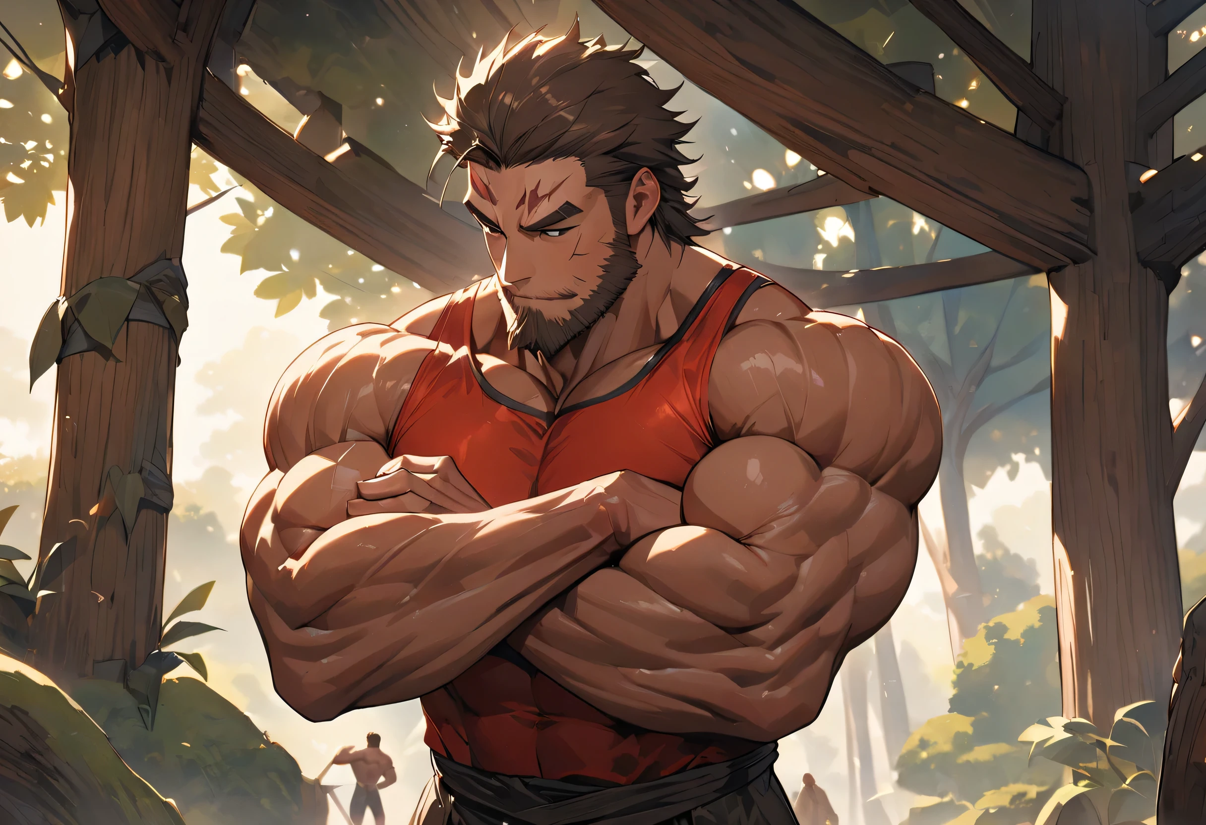 Youthful feeling,( Tattoo),(Thick body hair),Upper body,(He was wearing baggy shorts,Revealing his length, muscular, hairy),(Leaning against a tree),(For the audience) ,(Put his hands on his waist), (Focus on your audience) ,(There is a huge bulge in the area),sideways,Sharp eyes,(Thick dark brown hair),(Bottom-up view),Broad shoulders,Muscles protrude a lot,Highest image quality,cartoon ,Anime Wallpaper,Chest muscle expansion,spread your legs,Sexy,(main part, best quality),((Exaggerated muscle bulge)),The protagonist is tall,muscular and bulky, muscular characters, Awesome and cool, tall and muscular, muscular!!, Very strong, muscular attractive men, Huge muscles, Big Muscle, Muscle Man, Anime handsome man, muscular!, Giant muscles, muscular bodies,(canto da foto de baixo para cima) (imagem da mais alta qualidade) ,Close-up photos,Lion man ,real, jovem, , vestindo shorts, virilha saliente, imagem de anime, Leaning against a tree, pernas bem abertas, male face, bonito rosto jovem, cabelo subcortado, huge muscle muscles of the chest, large strong thigh muscles, Biceps Sinewy muscles, Corpo enorme, corpo tonificado devido ao treinamento intenso, Well-developed muscles, ABS transparente de 8 embalagens, 3 metros de altura, topless, , pele brilhante, rede de suor pingando, (hands on thighs), bare feet, Sem barba,Thick Legs,