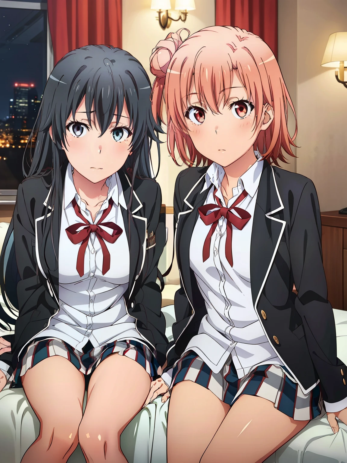 ((  best quality  ,   high resolution,    perfect pixels,  4K)),  (  beautiful anime girl  ),   depth of field、
  viewers , 
  perfect body, 

2girls,
   Yukishita Yuki's ,
  Yuigahama Yui,

(:1.3)、

 school uniform、 open jacket, 
nsfw,   bottomless、

Hotel Bedroom、  knight 景、  knight 、  on the bed、


