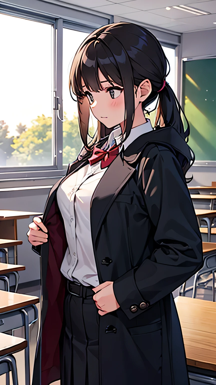 A girl is wearing a coat getting ready to change the classroom after school