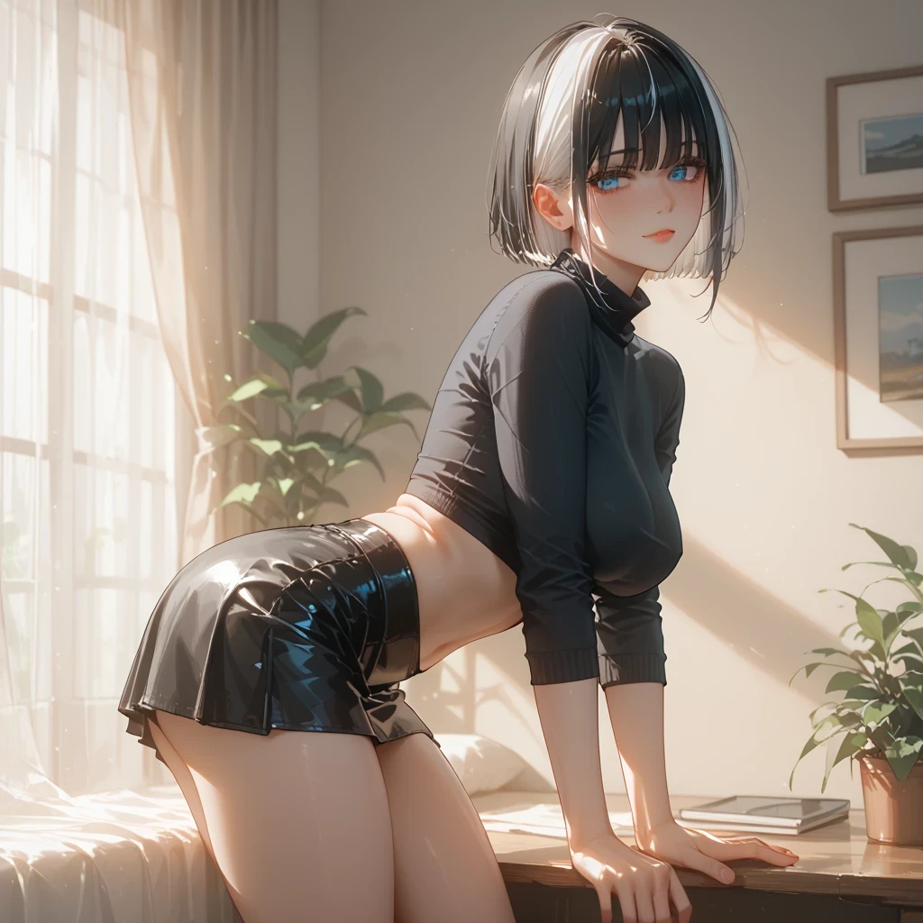 (masterpiece, best quality, cinematic, photorealistic, ultra-detailed), (1girl, Japanese:1.2), sexy body, (medium shot, from behind:1.5), perfect hands, wide hips, (large breasts, bursting breasts:1.5), (round ass), (wearing a very tight black leather suit with white accents:1.5), (sleek black short hair, with bangs, red eyes, detailed pupils, red lips, fluffy lips:1.4), (seductive pose, leaning:1.4), (detailed eyes, detailed pupils), (naked, navel, nude:1.2), (leaning carelessly:1.3)