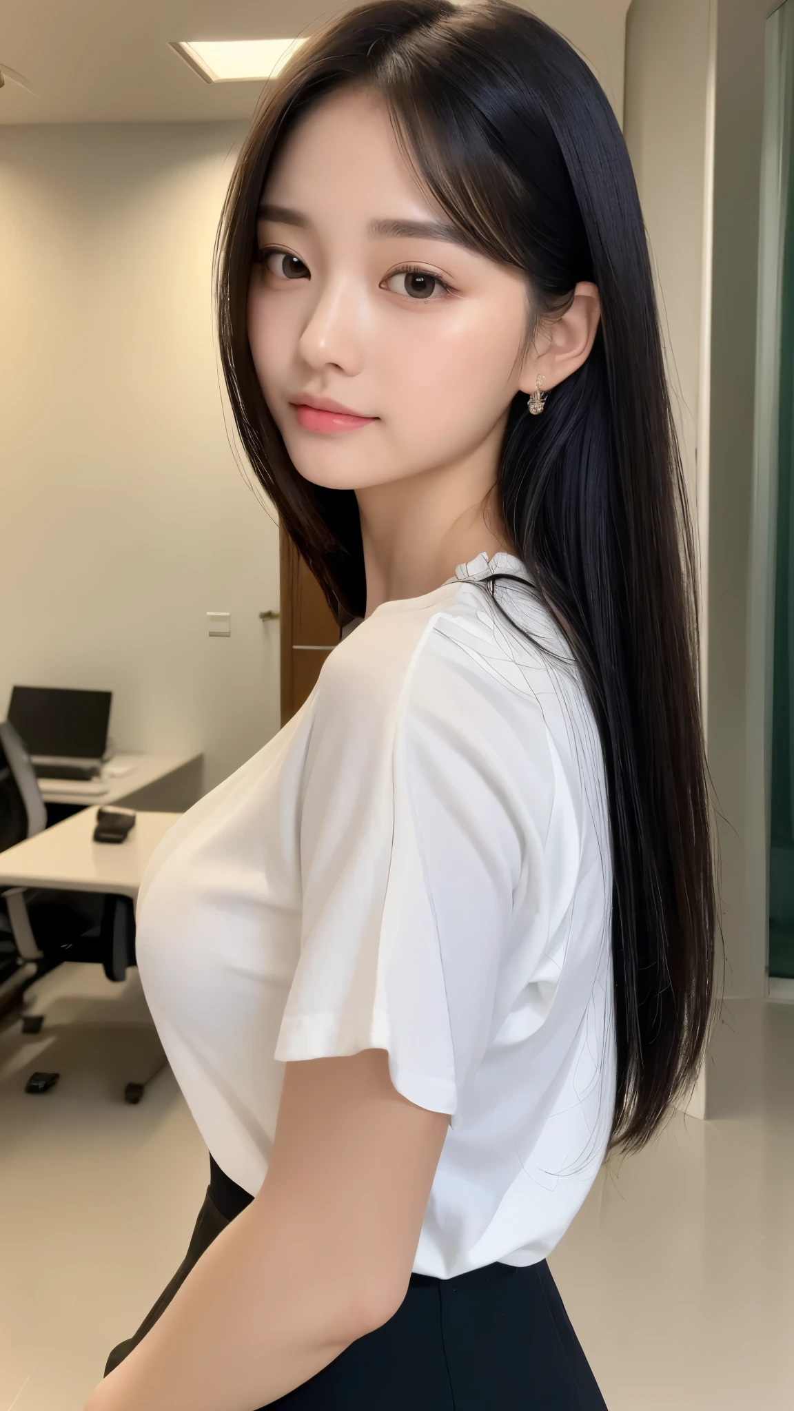 ((最 High Quality , 8k, masterpiece :1.3)), (( Super Big Breasts )), (((whole body)))、 black hair,OL、Office Background、 dull bangs, hair behind the ear , hair hanging over shoulders, long hair, Ultra Fine Face, Thin face, Delicate lips, beautiful eyes, Light blush, Eyes Are Light Brown , Perfect glowing skin, perfect skin, Shining Sweat,Look here, white Y shirt、 black skirt、No accessories、 first-person view, Super Details , High Quality , 最 High Quality , high resolution