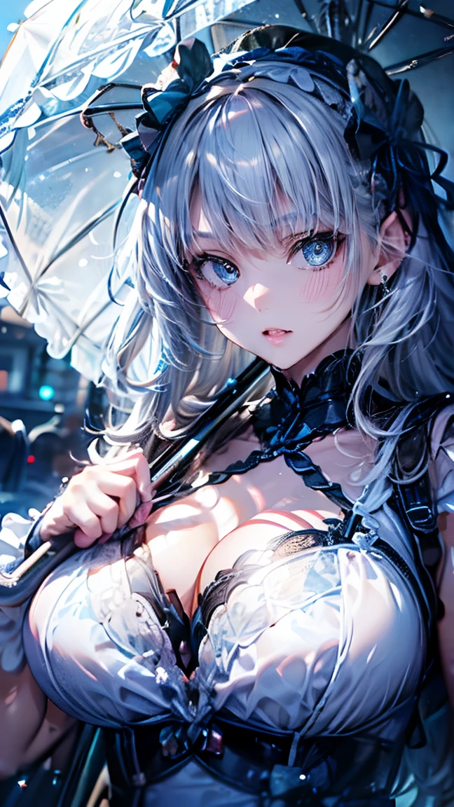Silver hair, pink eyes, cat ears, adult girl, earrings, fantasy background, teal blue clothes, hair bows, happy face, thigh up