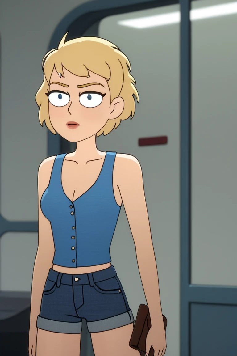 Panel work of art, blue colored eyes, short blonde hair, wearing a tight blue tank top with a low neckline, wearing short, tight denim shorts with the buttons open, defined body, 4K HD image