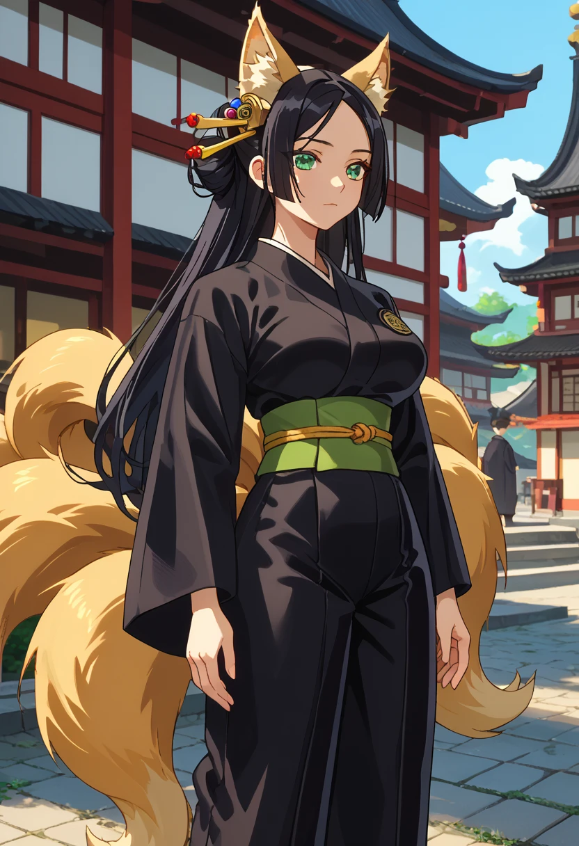   score_7_above,  anime screencap,
Yaasaka  ,
 a girl, Alone,   closed mouth  ,   wide hair,  black hair,  green eyes,   hair ornament ,   fox ears  ,  multiple queues,   foxtail  , kimono, black Kimono,   big breasts , green sash  , mangas anchas,Standing,    looking at the spectator,   Cowboy Shot ,   long pants ,   black pants , latex pants, nine tails,  black tails
blurry background,  exterior, afternoon, official,   East Asian architecture, I10, Insignia