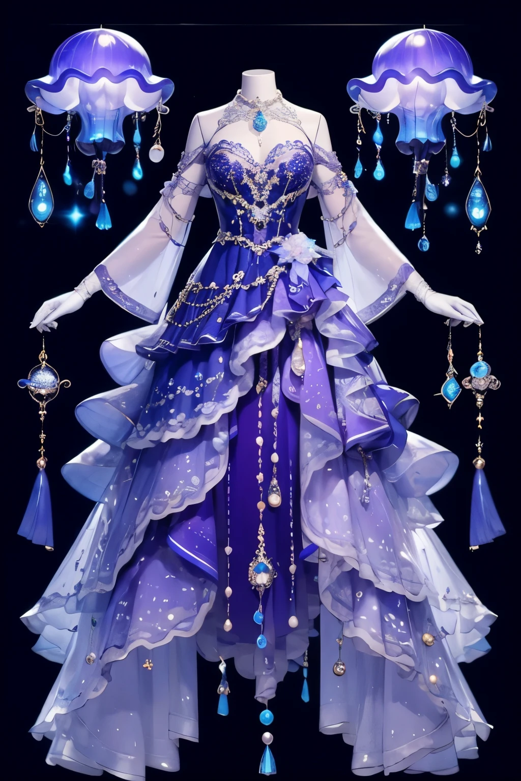  Aquarius concept costume 、Jellyfish、Lilac 、 blue、Purple， comes with lots of jewels and pearls，and place the costume on top of the mannequin