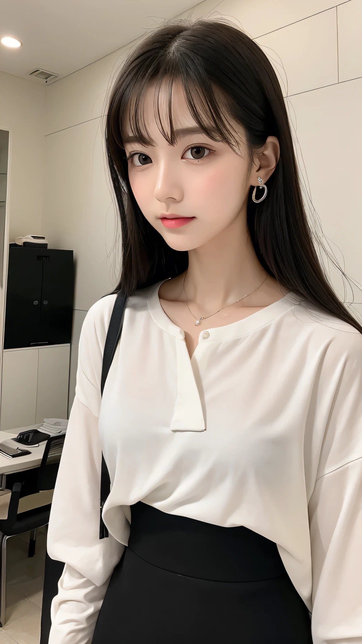 ((最 High Quality , 8k, masterpiece :1.3)), (( Super Big Breasts )), (((whole body)))、 black hair,OL、Office Background、 dull bangs, hair behind the ear , hair hanging over shoulders, long hair, Ultra Fine Face, Thin face, Delicate lips, beautiful eyes, Light blush, Eyes Are Light Brown , Perfect glowing skin, perfect skin, Shining Sweat,Look here, white Y shirt、 black skirt、No accessories、 first-person view, Super Details , High Quality , 最 High Quality , high resolution