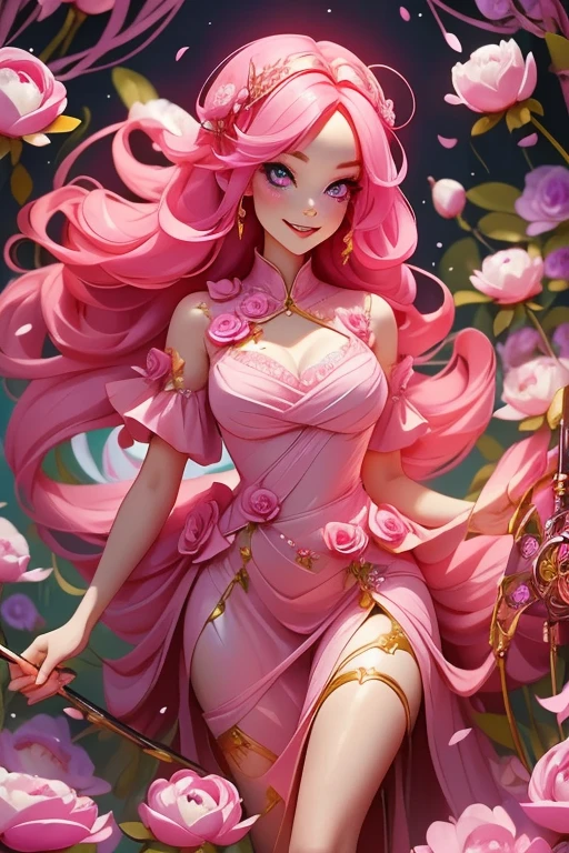 Perfect face. Perfect hands. A pink haired woman with violet eyes and an hourglass figure in a sexy dress is smiling while spinning her scythe in a flurry of peony petals in the creepy forest
