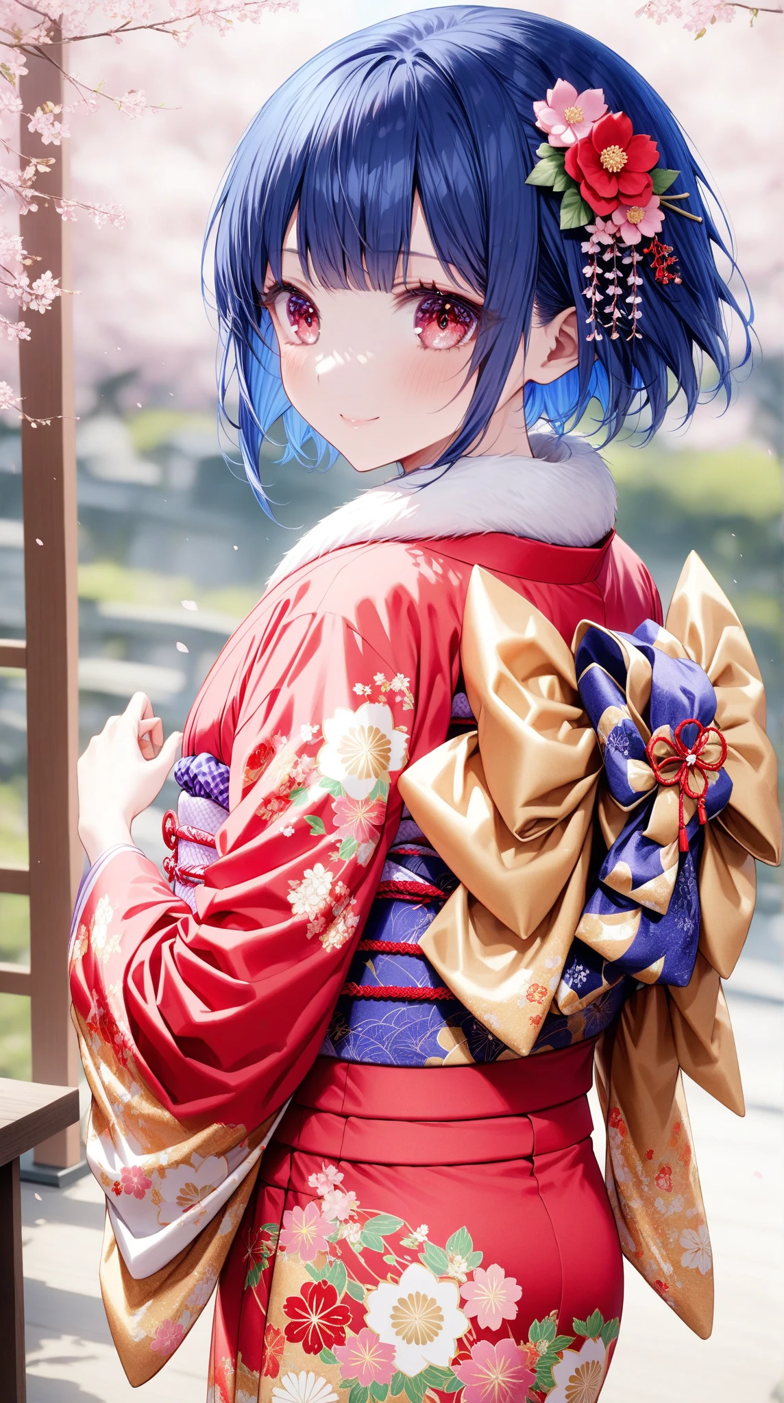 1 girl、 fullbody shot , from behind, look back and smile, standing, cross both hands at the waist, dappled sunlight, arched back, Japanese woman,  20 years old、at the ceremony, happy, 
,(Long-sleeved kimono、 Japanese Kimono、Long-length furisode that reaches down to the feet）、（ Kimono with a pink flower pattern 、 Kimono with white fur around  collar）、（Long-sleeved kimono、band、 socks、 sandals ）、（red flower barrette 、Knit on the back of the head ）、（ blue hair、 short hair、red eyes、big eyes、fair skin、slim：1.8) ,(looking to viewer), perfect body, wide angle, smiling, rule of thirds, face details、Semi-realistic、 masterpiece、  Masterwork 、 perfection、  high res、 Ultra-clear、 8k、  top quality 、 perfection face、 masterpiece、  beautiful、  high res、  top quality 、  high res、  (Detailed Fingers 、  detailed hands 、 Detailed legs、  detailed eyes）