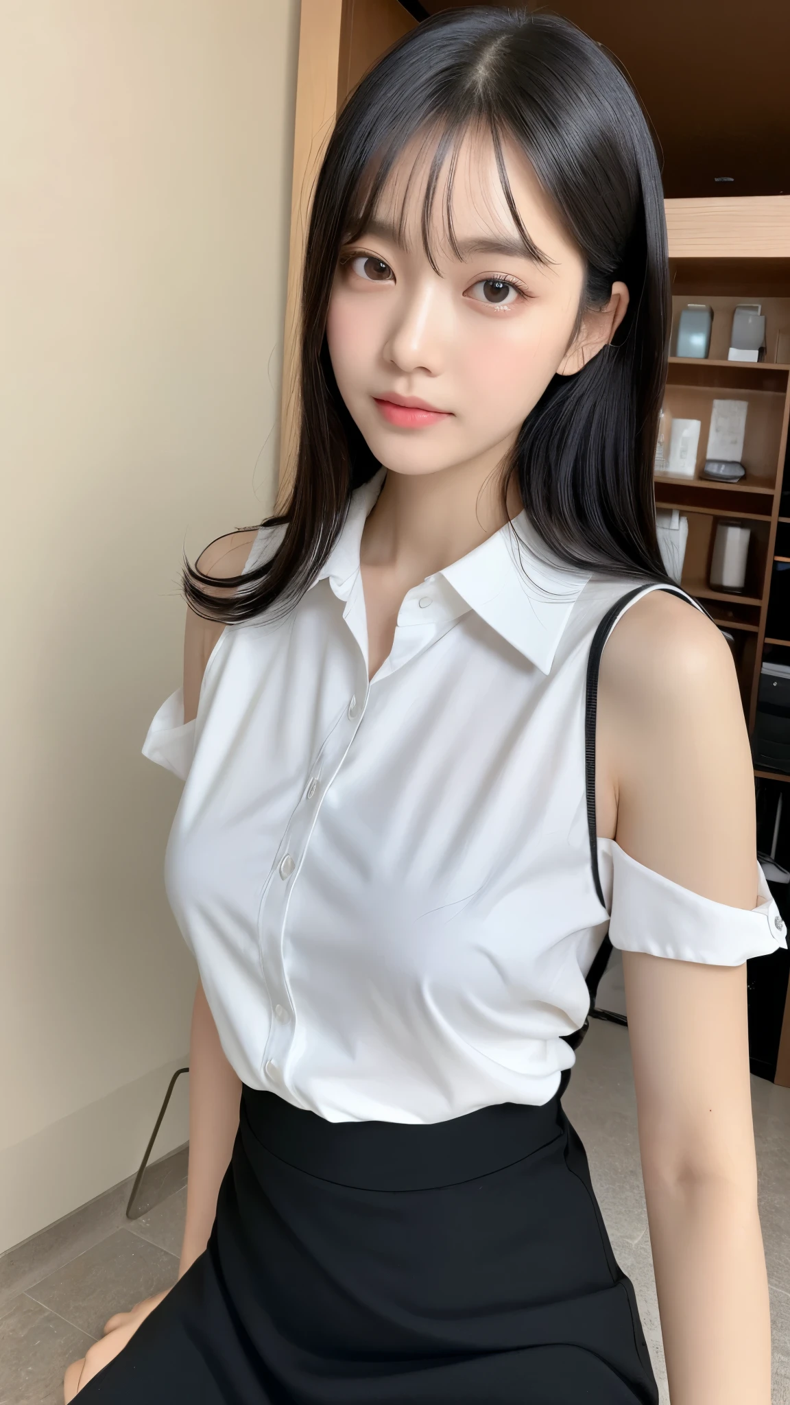 ((最 High Quality , 8k, masterpiece :1.3)), (( Super Big Breasts )), (((whole body)))、 black hair,OL、Office Background、 dull bangs, hair behind the ear , hair hanging over shoulders, long hair, Ultra Fine Face, Thin face, Delicate lips, beautiful eyes, Light blush, Eyes Are Light Brown , Perfect glowing skin, perfect skin, Shining Sweat,Look here, white Y shirt、 black skirt、No accessories、 first-person view, Super Details , High Quality , 最 High Quality , high resolution