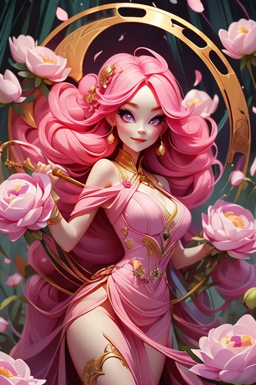 Perfect face. Perfect hands. A pink haired woman with violet eyes and an hourglass figure in a sexy dress is smiling while spinning her scythe in a flurry of peony petals in the creepy forest