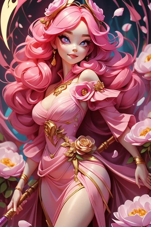 Perfect face. Perfect hands. A pink haired woman with violet eyes and an hourglass figure in a sexy dress is smiling while spinning her scythe in a flurry of peony petals in the creepy forest