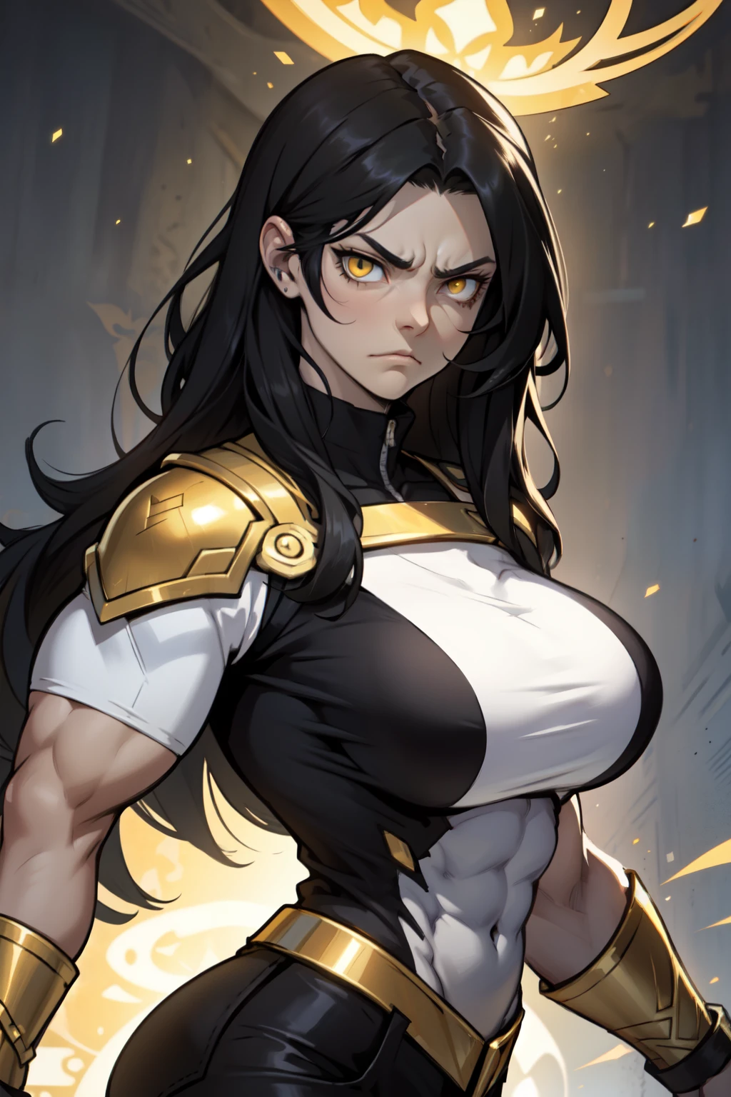 angry (((muscular girl toned body massive breasts horns))) long black hair yellow eyes pale skin gold gold gold gold gold gold