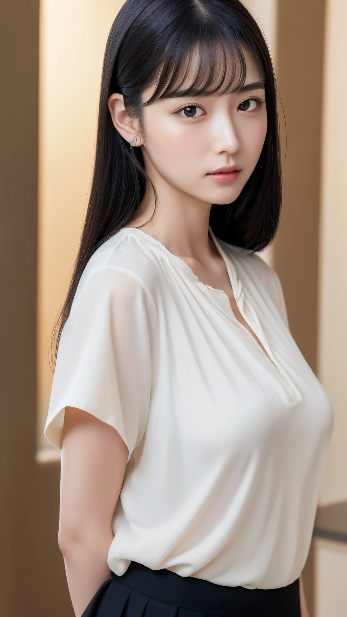 ((最 High Quality , 8k, masterpiece :1.3)), (( Super Big Breasts )), (((whole body)))、 black hair,OL、Office Background、 dull bangs, hair behind the ear , hair hanging over shoulders, long hair, Ultra Fine Face, Thin face, Delicate lips, beautiful eyes, Light blush, Eyes Are Light Brown , Perfect glowing skin, perfect skin, Shining Sweat,Look here, white Y shirt、 black skirt、No accessories、 first-person view, Super Details , High Quality , 最 High Quality , high resolution