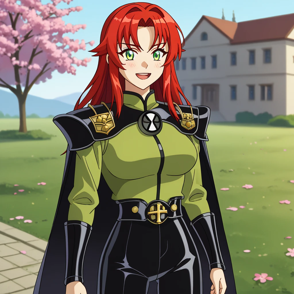   score_9,
 a girl, Alone,   open her mouth ,   light smile, light blush,
  wide hair,   red hair,  green eyes, choke,    cross bangs ,
riasgremory, black cape, lime green shirt,  long sleeve,   long pants ,  black pants
standing,    looking at the spectator ,   Cowboy Shot ,   gap between thighs ,
   blurry background  ,  exterior, school,   cherry blossoms  ,  busty , armor, latex pantx, armor knight, Escarlet Hair , I10, Insignia