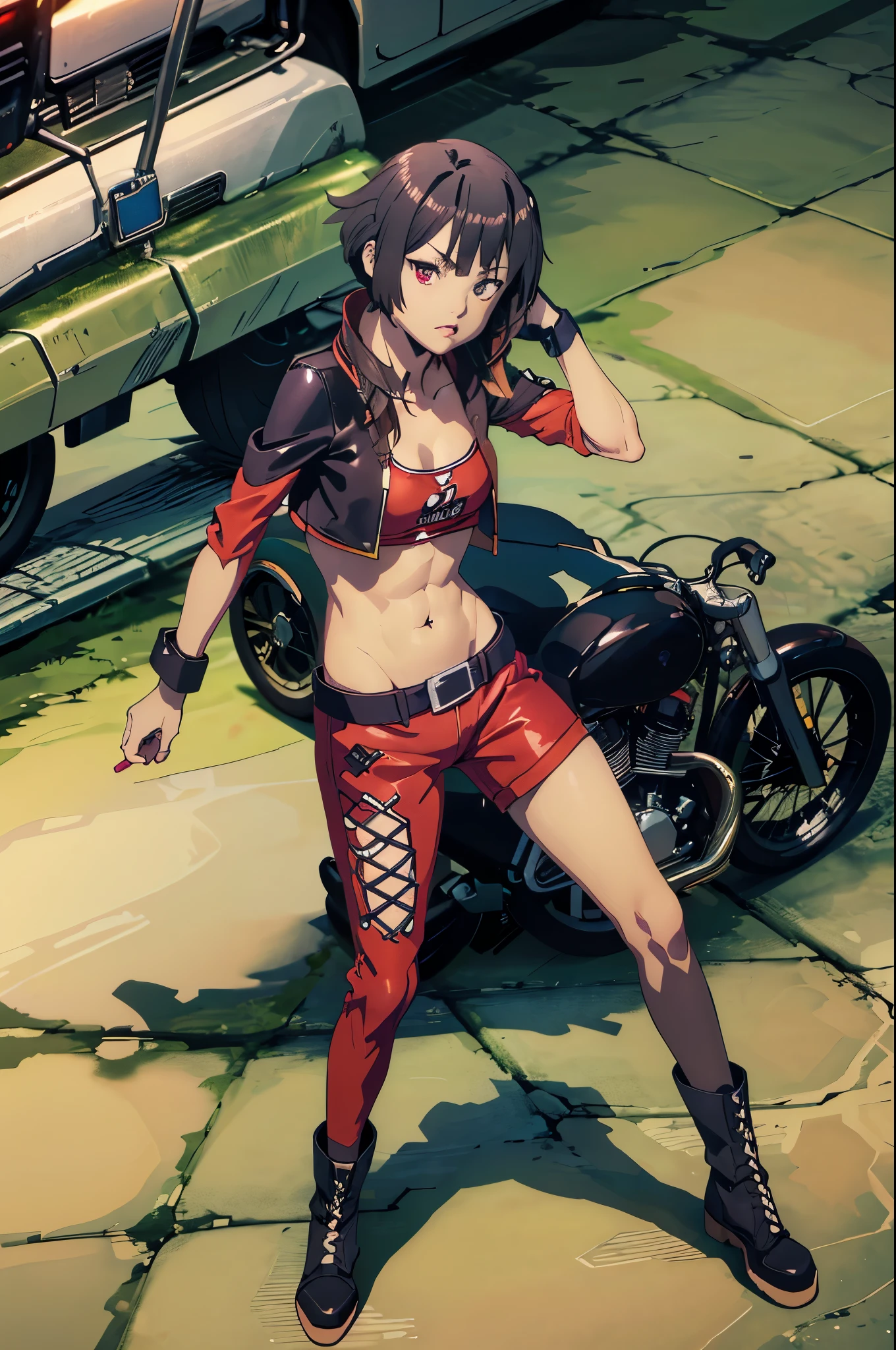 (cowboy shot),(Perfect Anatomy,top-quality、The ultra -The high-definition、hight resolution、extremely details CG、8K Unit Wallpapers),20-year-old、solo,Beautiful detailed eyes,black hair,shor bob hair,blunt bang,(small breasts,slender body,skinny),gleaming skin,oily skin,(punk fashion、leather jacket、Tank top、military pants、combat boots),(drive a motorcycle,Harley-Davidson,),on road,Tokyo,at night、