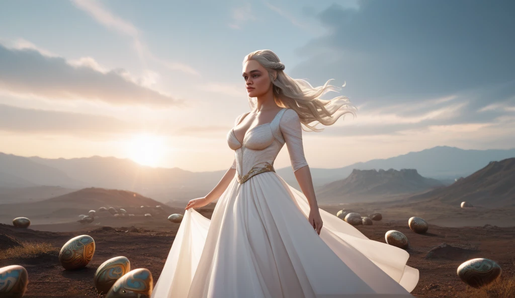 Daenerys Targaryen big breast as a stunning and powerful woman with long silver hair flowing in the wind, wearing an elegant flowing dress, standing in the middle of a desolate red wasteland surrounded by three dragon eggs, cinematic Super Panavision 70 style, dramatic lighting, vibrant and warm tones