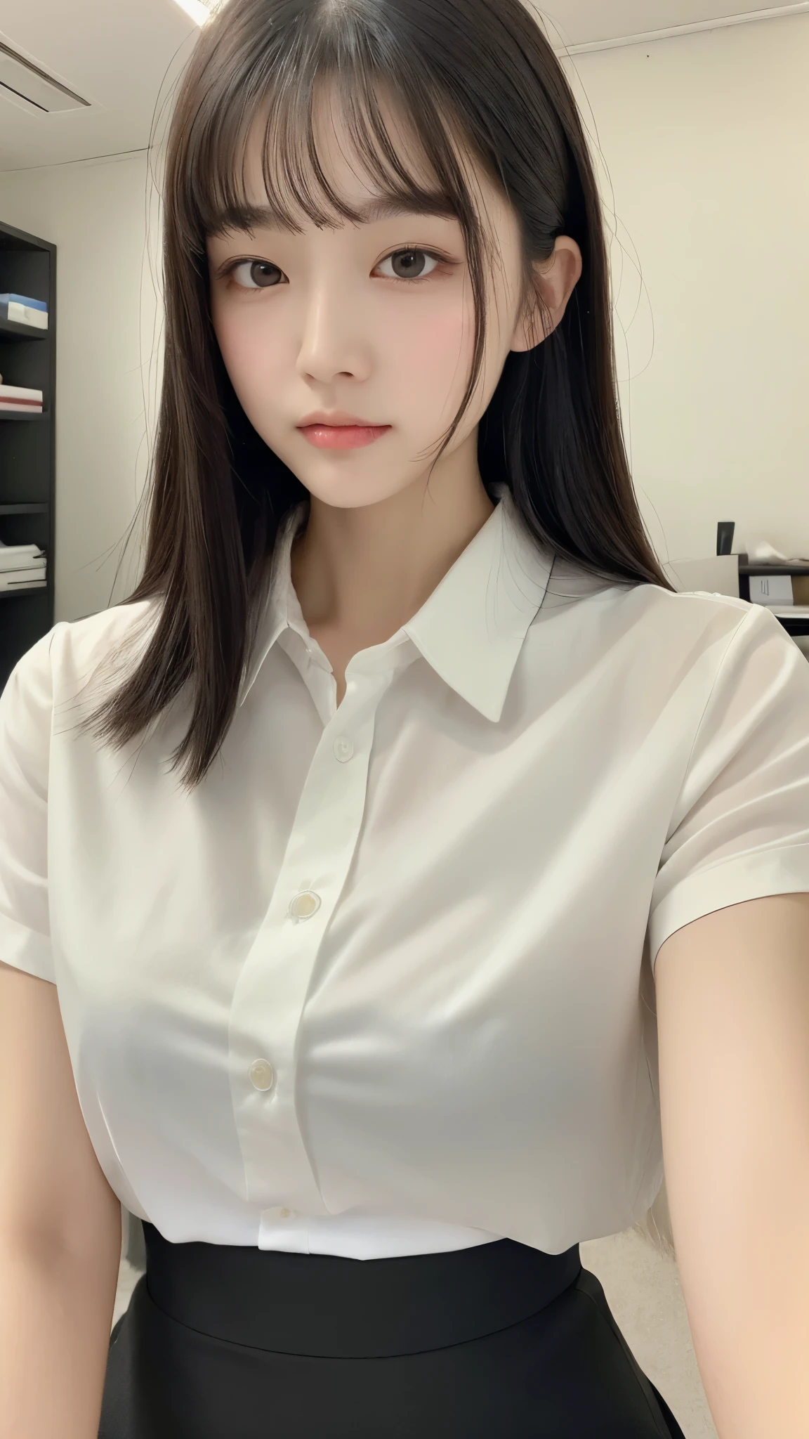 ((最 High Quality , 8k, masterpiece :1.3)), (( Super Big Breasts )), (((whole body)))、 black hair,OL、((secretary))、Office Background、 dull bangs, hair behind the ear , hair hanging over shoulders, long hair, Ultra Fine Face, Thin face, Delicate lips, beautiful eyes, Light blush, Eyes Are Light Brown , Perfect glowing skin, perfect skin, Shining Sweat,Look here, white Y shirt、 black skirt、No accessories、 first-person view, Super Details , High Quality , 最 High Quality , high resolution