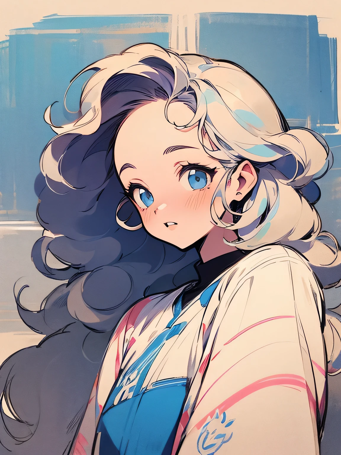 sideview+,alone,25years old, curl magictail ,forehead,good model pose:1.3, stylish,Sadness,Thick lips,retro,laziness , older sister's facial appearance ,pastel color tune imagination, best quality , Best Quality ,詳細なnewspaper, ,( Manga style),(sketch),(illustration),