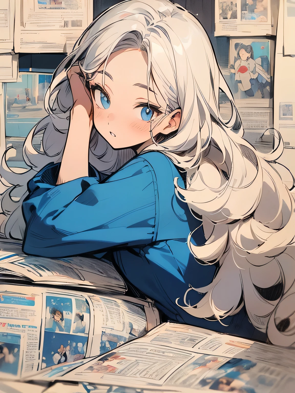 sideview+,alone,25years old, curl magictail ,forehead,good model pose:1.3, stylish,Sadness,Thick lips,retro,laziness , older sister's facial appearance ,pastel color tune imagination, best quality , Best Quality ,詳細なnewspaper, ,( Manga style),(sketch),(illustration),