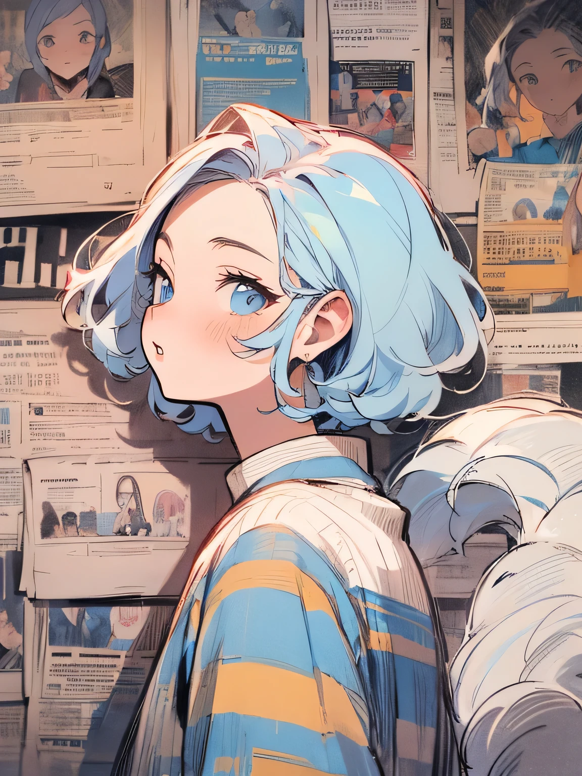 sideview+,alone,25years old, curl magictail ,forehead,good model pose:1.3, stylish,Sadness,Thick lips,retro,laziness , older sister's facial appearance ,pastel color tune imagination, best quality , Best Quality ,詳細なnewspaper, ,( Manga style),(sketch),(illustration),
