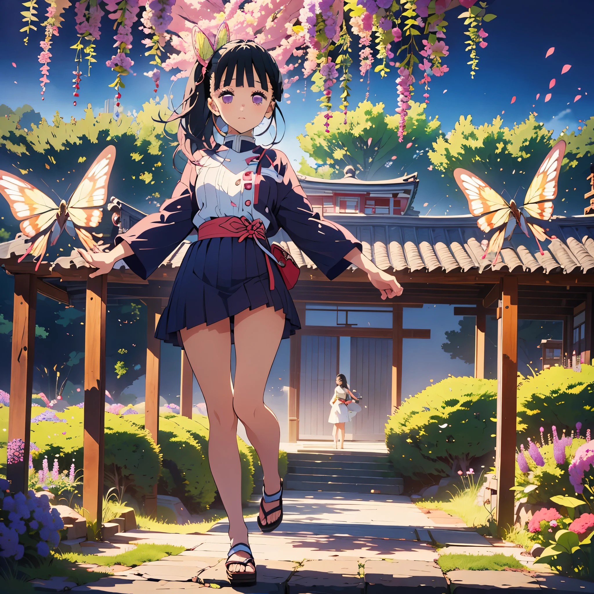Kanao Tsuyuri in a Japanese garden, meddium cute dress, calm, looking at gatden, full body, surrounded by purple flowers and butterflies, detailed and anatomically correct portrait, long hair, landscape view, masterpiece, high resolution, ultra-detailed, vivid colors, dramatic lighting, cinematic composition
