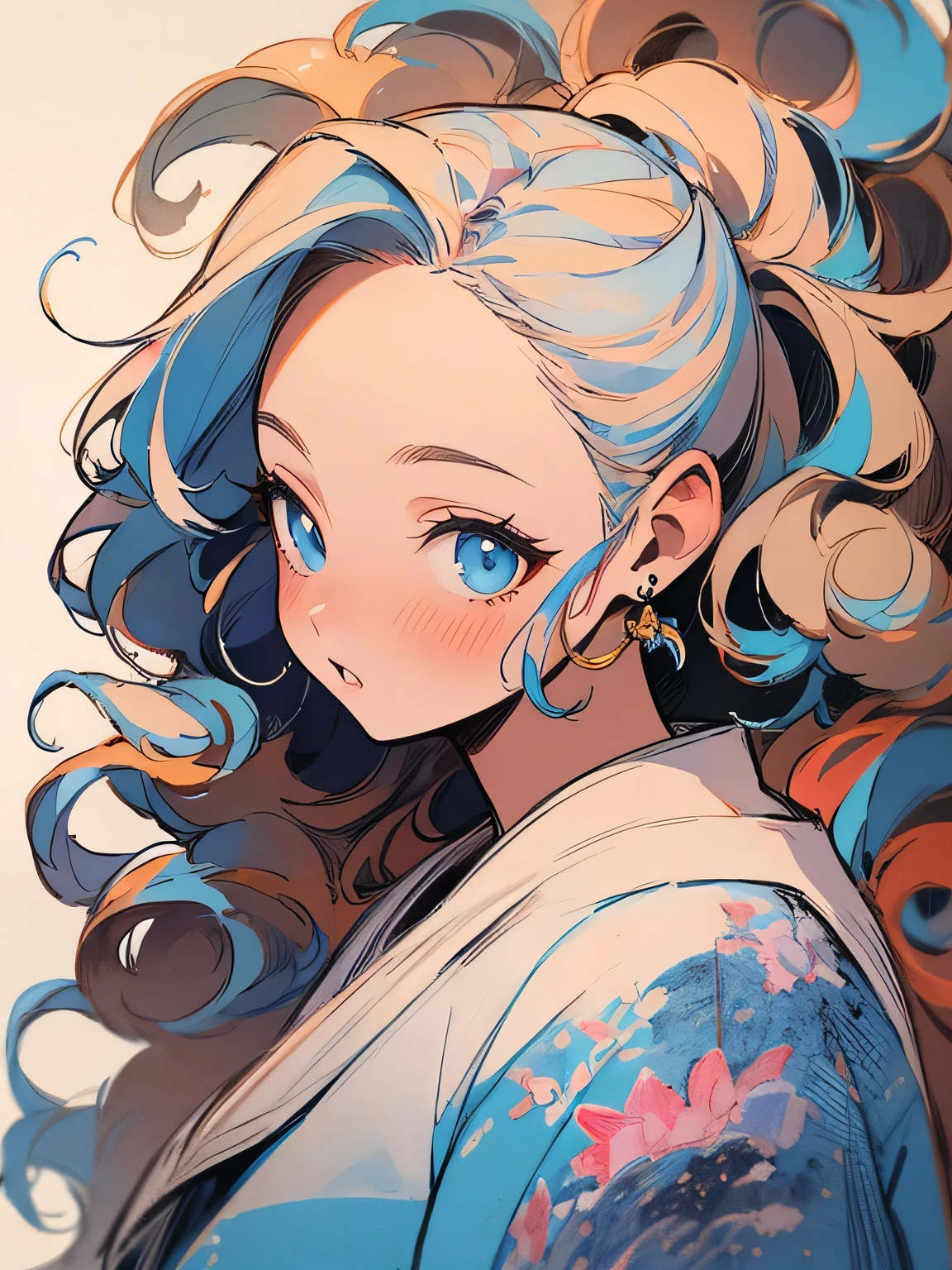 sideview+,alone,25years old, curl magictail ,forehead,good model pose:1.3, stylish,Sadness,Thick lips,retro,laziness , older sister's facial appearance ,pastel color tune imagination, best quality , Best Quality ,詳細なnewspaper, ,( Manga style),(sketch),(illustration),