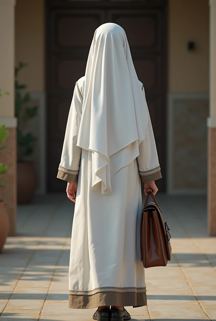 A beautiful hijjabi girl wearing grey abhaya with back side pic wearing white shoes and having book in her hand named wajiha qadri in cursive on it