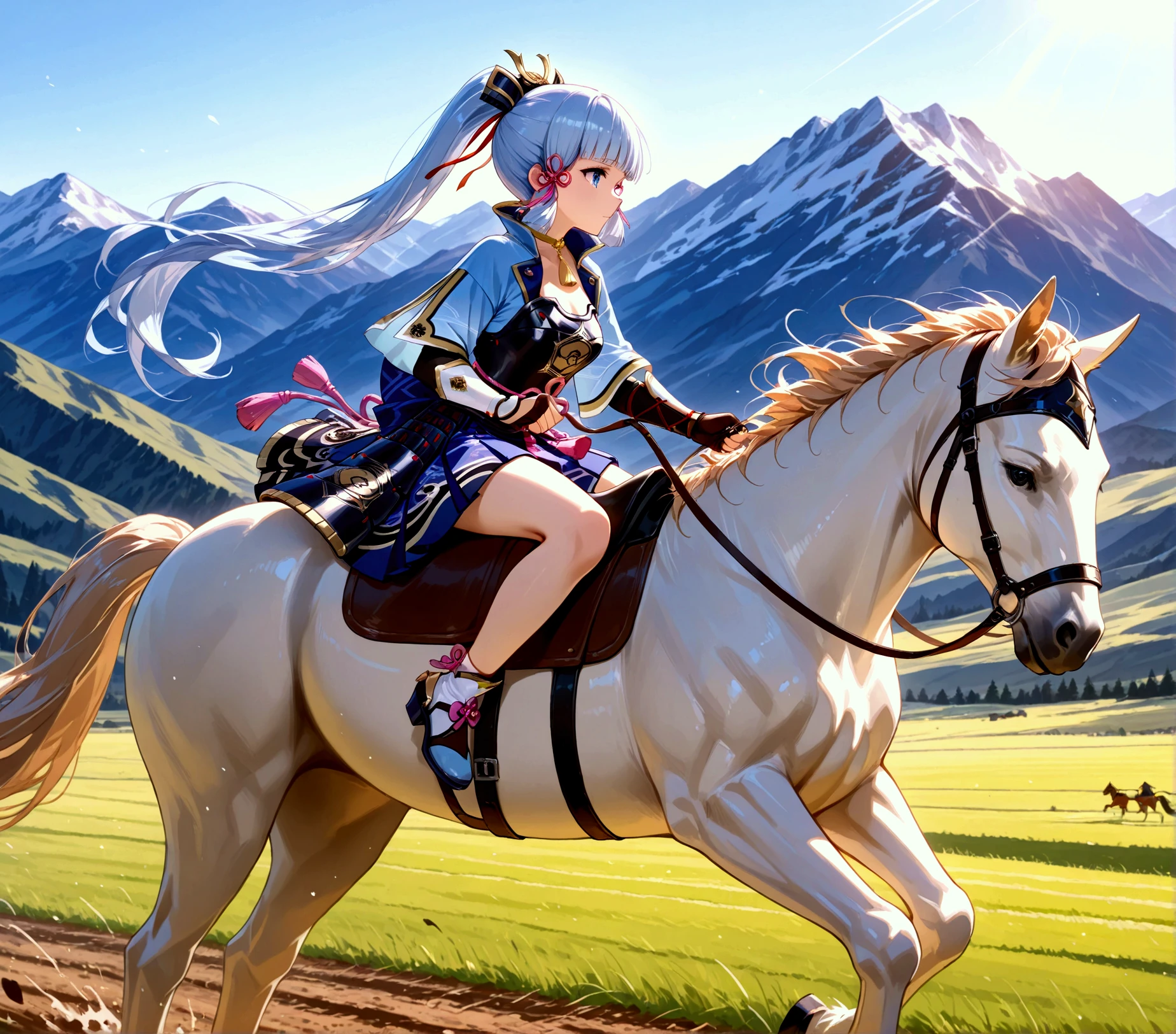 (masterpiece:1.3), (8K, best quality:1.3), Highest image quality, intricate details, high resolution, depth field, Natural light, professional lighting, BREAK, riding, horse, (((a young woman wearing in adventurer clothes watching a blue sky while horse riding)), ([kamisato_ayaka, medium breast]), (dress, miniskirt, breastplate, cleavage, gauntlet, gloves, bare legs, greaves, )), BREAK, ([white horse, saddle, reins, bridle, running]), solo, (in the mountainside, mountainside, fantasy settings:1), both hand holding rein, from side: 1, anatomically correct 