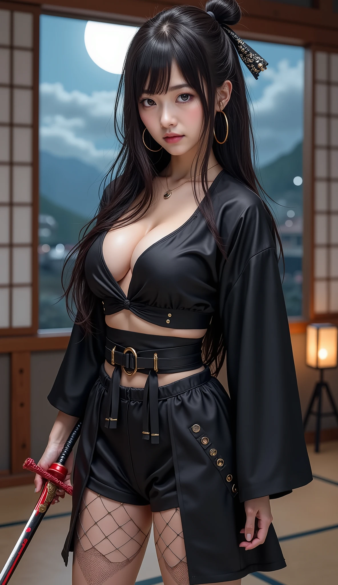 (masterpiece, highest quality, highest quality, Official Art, beautifully、aesthetic:1.2, Cinema Lighting、Key light at 45 degrees from the front, Subsidy light、Soft Backlight),
Beautiful face、Perfect round ass、the body is slim、Fit and body、Pale skin、Shiny, Bright Eyes、length eyelashes、Shiny face、Pervert woman、Beautiful mature woman,
(Oily skin、Glowing Skin、Realistic skin texture、Beautiful skin in every detail、Shiny skin),
23 years old 、
((Open your mouth))、masterpiece,highest quality,High resolution,Very detailed,Earrings,Big cleavage、,(( Perfect Fingers )) , indoor,(Open the front door 1.2),((Sexy Gestures:1.5, Frivolous, Sexy Face、Sweet stuff, Ecstatic face:1.5, Open your mouth and look at me))、Heavy breathing ,
Accurate 5-finger、Accurate human body、Perfect human body、The most beautiful face, True to the human body、Correct five-finger、Perfect human body、Knowledgeable person、Highly detailed face and skin texture、Natural neck length、(beautiful Hands)、beautiful, length, Thin legs、
Ninja costume、Japanese-style room、hostel、Japanese hostel、futon、kimono、sexy ninja costume