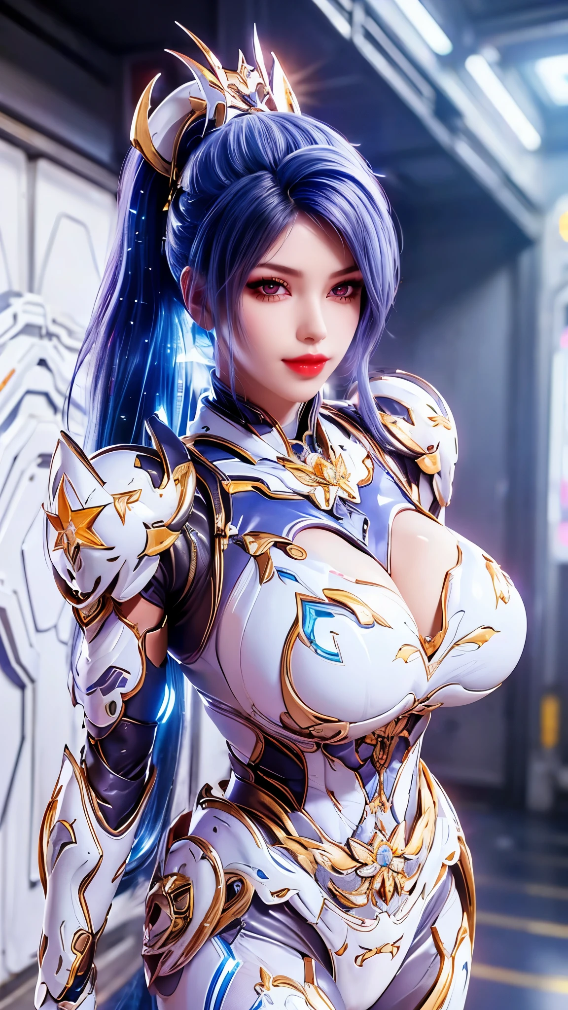 A beauty Wang dong from soul land 2 with (blue multiple color ponytail long hair:1.5), 1GIRL, (CLOSE UP UPPER BODY:0.8), (COWBOY SHOT PORTRAIT:1.3), (GOLD DRAGON HEAD ACCESORIES:1.3),((CLEAVAGE HUGE FAKE BREASTS:1.5)), (11 line ABS:1.3), ((MECHA GUARD (RGB COLOR) ARMS, SHOULDER ARMOR NEON LINE (LED) BODY:1.2)), (SHINY CRYSTAL STELLAR STAR ARMOR OVERWATCH,WHITE SKINTIGHT MECHA ARMOR  SUIT:1.5), ((HOURGLASS BODY, GLOWING BODY PALE SKIN:1.1)), (LOOKING AT VIEWER:1.6), (HALLWAY OF FUTURISTIC SPACE STATION:1.3), (BRIGHT LIGHT WHITE_ROOM:1.3), HYPER TEXTURE, UNREAL ENGINE RENDER, PHYSICALLY-BASED RENDERING, ULTRA HIGHT DEFINITION, 16K, DSLR, 1080P.