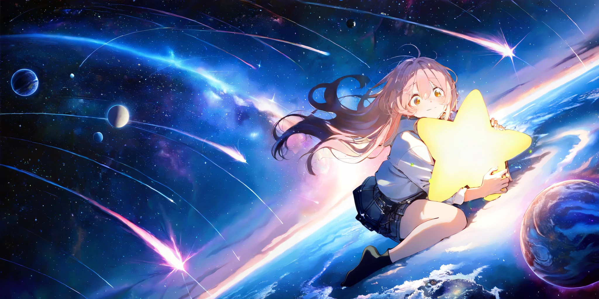 1girl\((sit on star:1.4) with big smile\), beautiful nebula, (so many shooting stars),many beautiful planet,dynamic angle, focus on girls face, watercolor picture-book style,rough touch,masterpiece,best quality