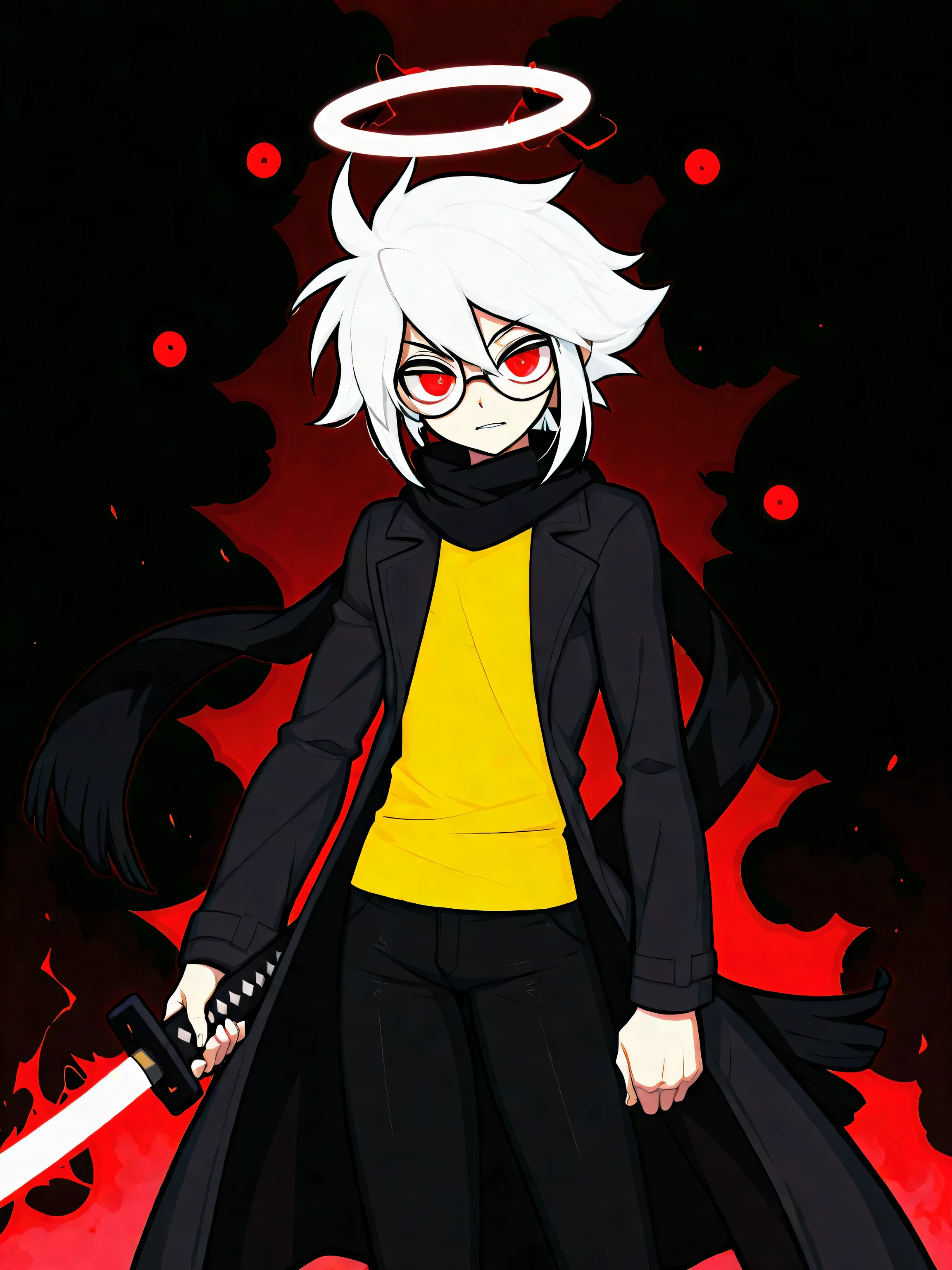 Male, robotic halo above head, white hair, bright red eyes, strong, tall, black trenchcoat, yellow shirt, black jeans, glasses, holding one electric katana, black scarf,(masterpiece), best quality, expressive eyes, perfect face, ,score_9, score_8_up, score_7_up,source_anime,BREAK