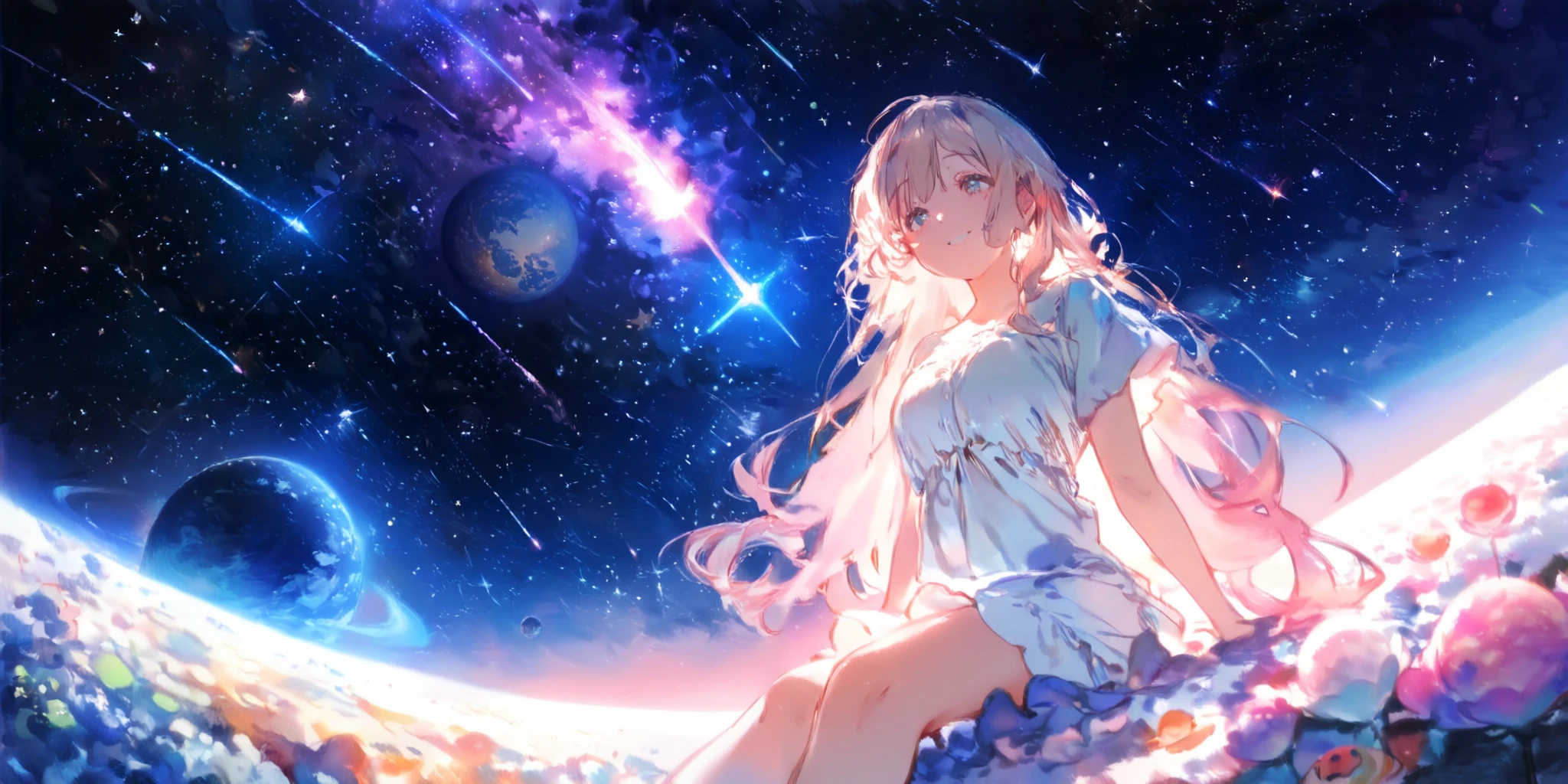 1girl\((sit on star:1.3) with big smile\),at beautiful nebula, (so many shooting stars),many beautiful planet,dynamic angle, focus on girls face, watercolor picture-book style,rough touch, space-scape,masterpiece,best quality