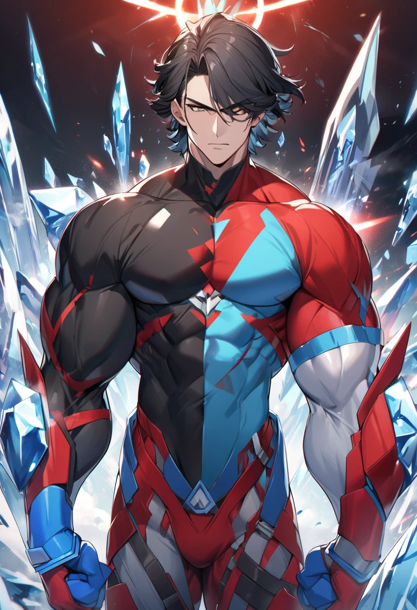 a cryomancer and kryptonian man, black hair, ice arms, blue and red ninja hero clothes, strong physique, 8k high definition