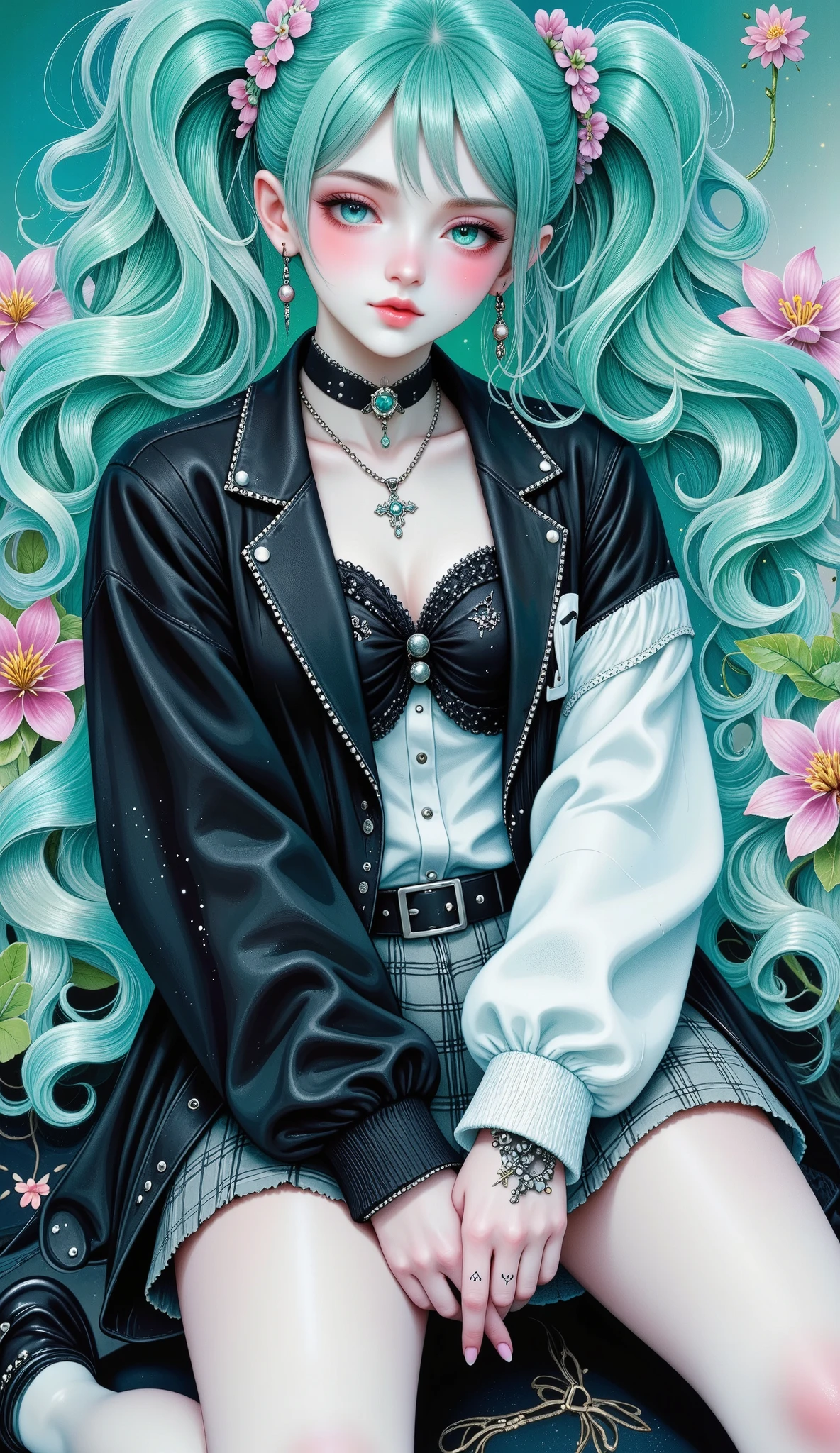  a black girl with tufts of cyan hair and fishnets black and light gray plaid miniskirt,  sitting on the floor open the miniskirt falls between her legs ,  black belt with silver buckle sweatshirt with black sleeves ,  wears several necklaces dog collar with spikes ,  head slightly tilted down , cyan eyes, long false eyelashes,  kissing and fleshy lips ,  heart tattoo on her cheek long earrings in the shape of a cross ,  hair bangs up to the eyebrows hair falls to the shoulders ,  spiked bracelet ,  one arm back and one forward between her legs covering her part Intima , blushing cheeks, 1 7 -  - old me  goth girl , 1 7 - year -  goth g ,  goth girl ,  goth girl  aesthetic, anime vibes, gothic aesthetics, Style Ross Tran, dressed in punk clothes, pastel gothic aesthetics, Gothic mall , artwork in the guweiz style, Looks like a mix of grimes, plain cyan background, chiaroscuro, cinematic lighting, Fujicolor, UHD, Retina, masterpiece, Accurate, Anatomically Correct, textured skin, Super detail, high details, high quality,  award winning , best quality, highres, 1080P, HD, 16K