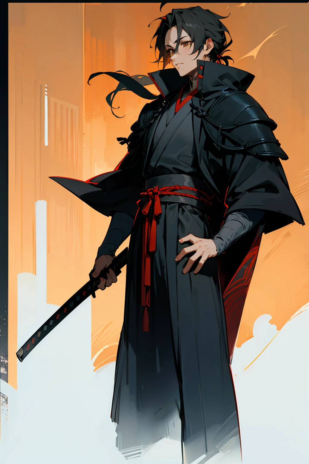 Male, Black Ronin Styled Hair, Brown Eyes, Perfect Generation, Masterpiece Quality, Standing In a night city, Black Cloak, Assassin Clothing, Katana on hip