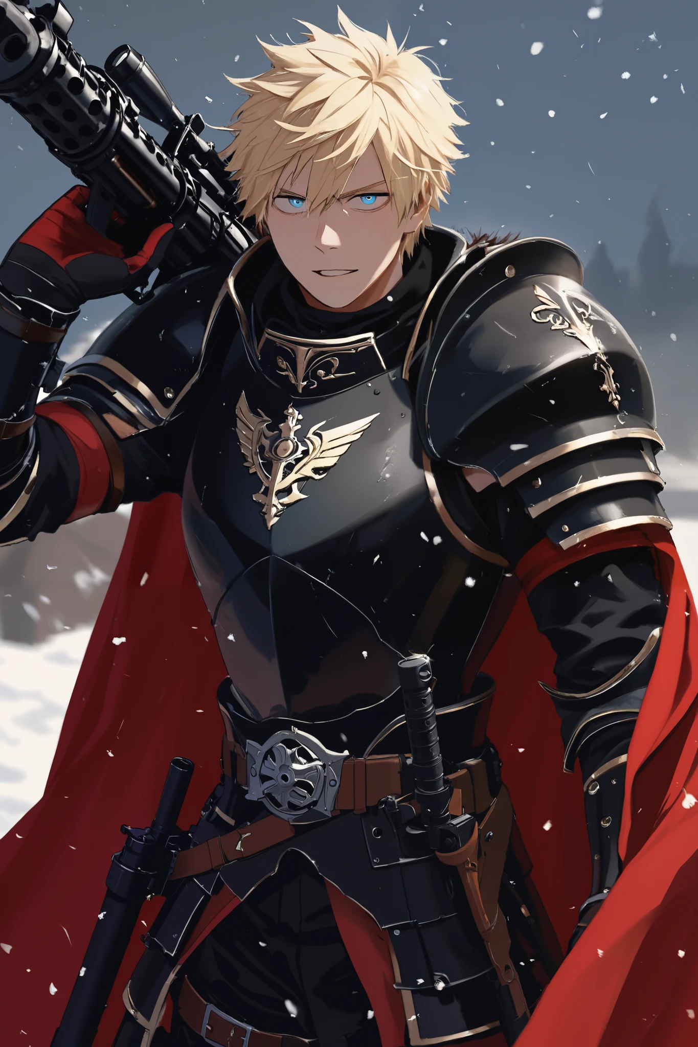 Strong blond blue-eyed noble swordsman with a gunsword. Wearing black noble armor with a red cape. Has a sword fused with an M134 minigun. Extremely beautiful face