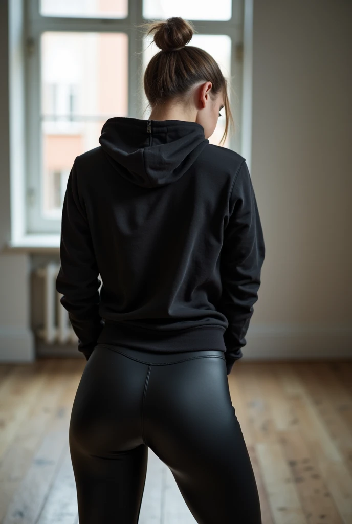 black woman hair in a bun black hoodie black leather short shorts being fucked in the ass by a old grandma in a dress