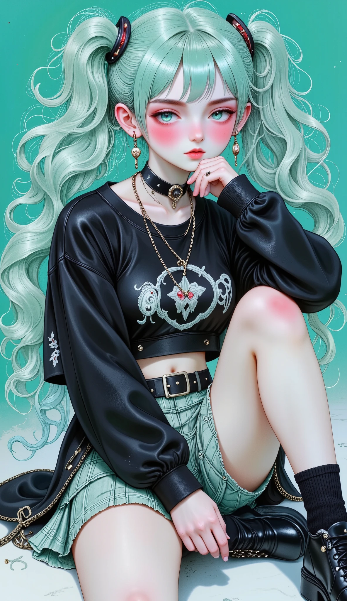  a black girl with tufts of cyan hair and fishnets black and light gray plaid miniskirt,  sitting on the floor open the miniskirt falls between her legs ,  black belt with silver buckle sweatshirt with black sleeves ,  wears several necklaces dog collar with spikes ,  head slightly tilted down , cyan eyes, long false eyelashes,  kissing and fleshy lips ,  heart tattoo on her cheek long earrings in the shape of a cross ,  hair bangs up to the eyebrows hair falls to the shoulders ,  spiked bracelet ,  one arm back and one forward between her legs covering her part Intima , blushing cheeks, 1 7 -  - old me  goth girl , 1 7 - year -  goth g ,  goth girl ,  goth girl  aesthetic, anime vibes, gothic aesthetics, Style Ross Tran, dressed in punk clothes, pastel gothic aesthetics, Gothic mall , artwork in the guweiz style, Looks like a mix of grimes, plain cyan background, chiaroscuro, cinematic lighting, Fujicolor, UHD, Retina, masterpiece, Accurate, Anatomically Correct, textured skin, Super detail, high details, high quality,  award winning , best quality, highres, 1080P, HD, 16K